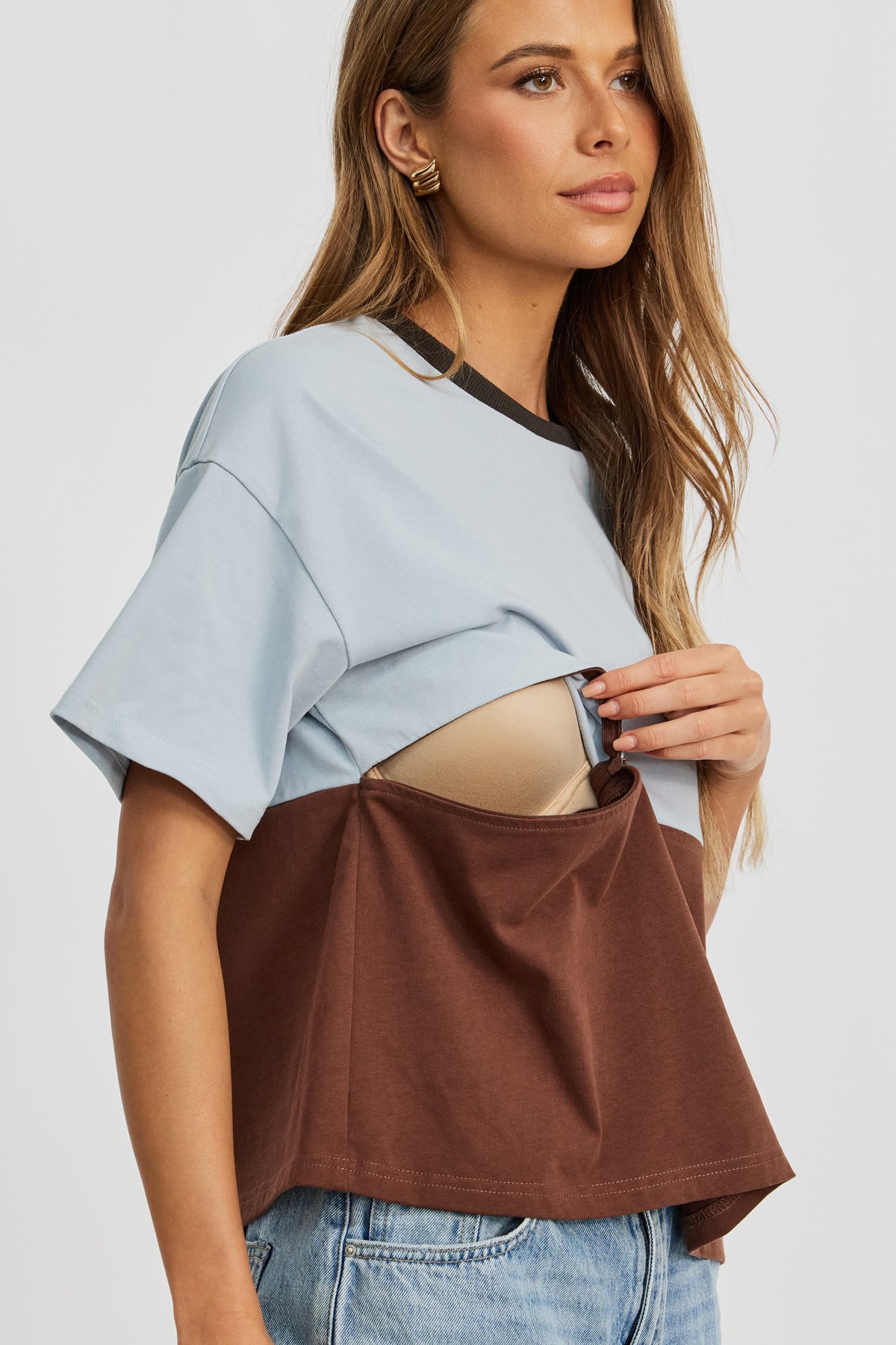 Duo Drop-Shoulder Panel Tee - Brown / Baby Blue