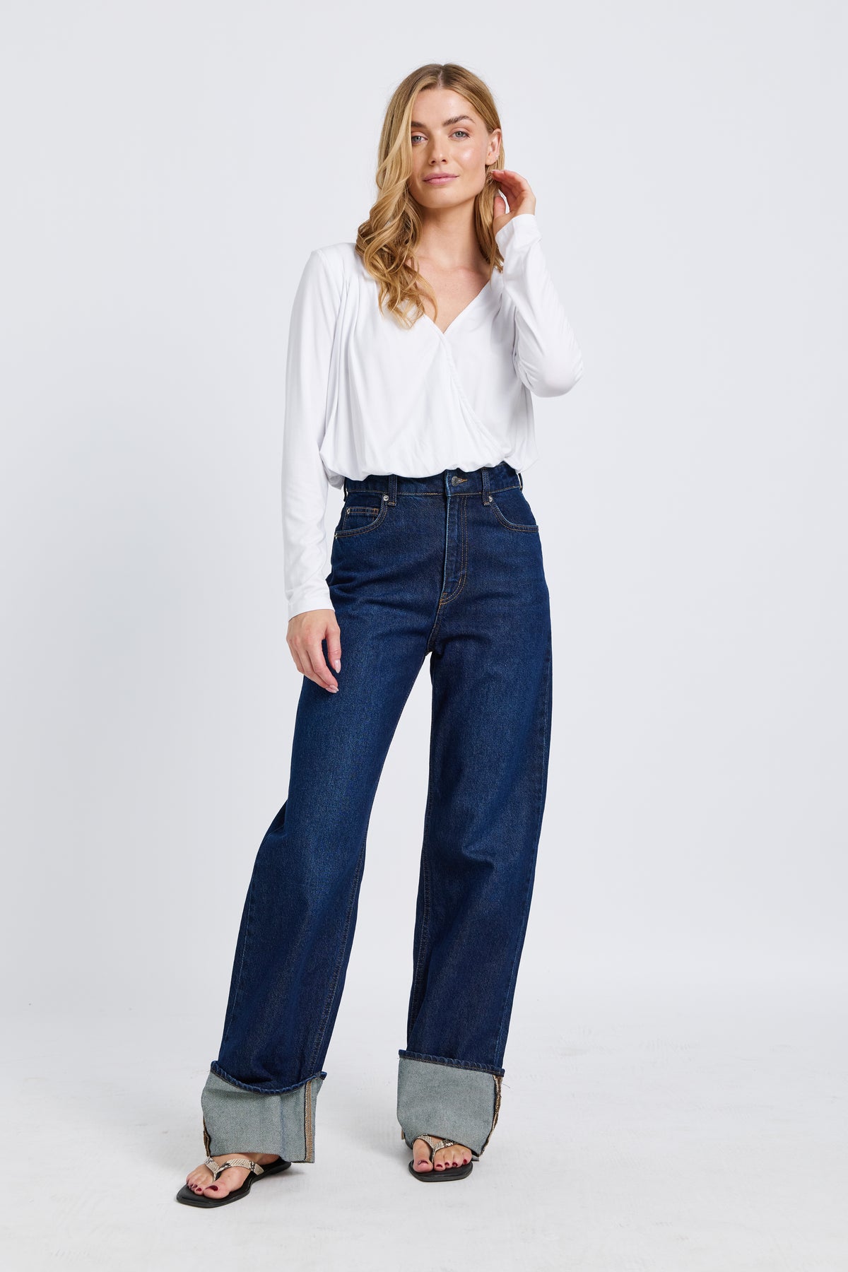 Augie Jersey Wrap Long Sleeve Top - White