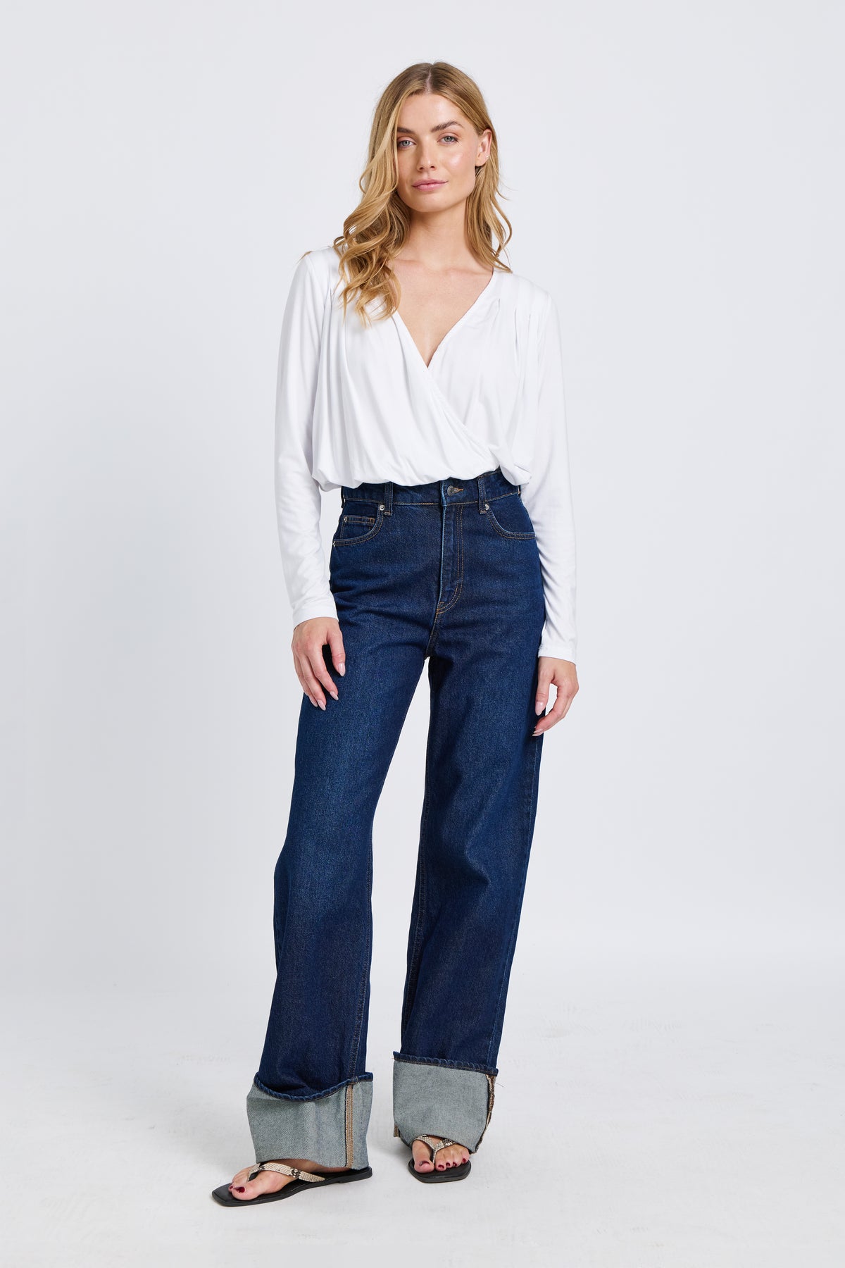 Augie Jersey Wrap Long Sleeve Top - White