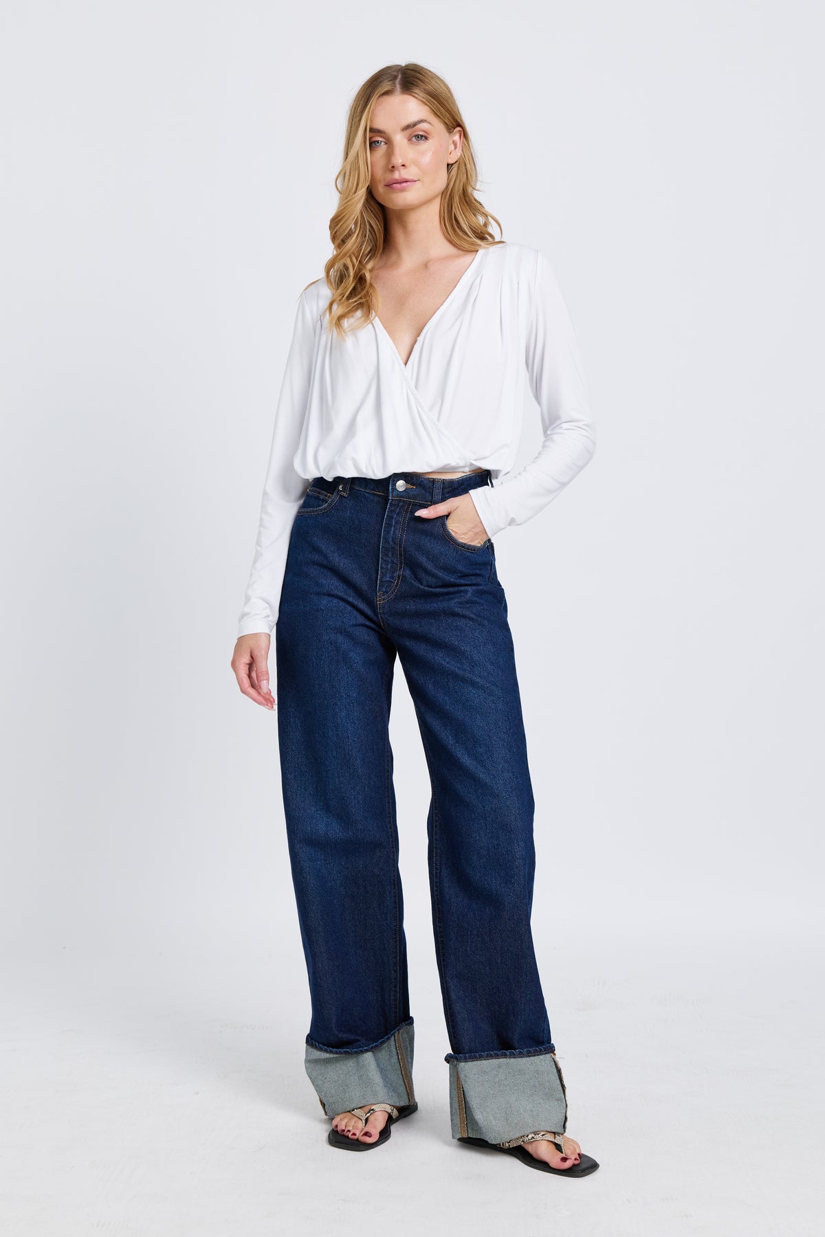 Augie Jersey Wrap Long Sleeve Top - White
