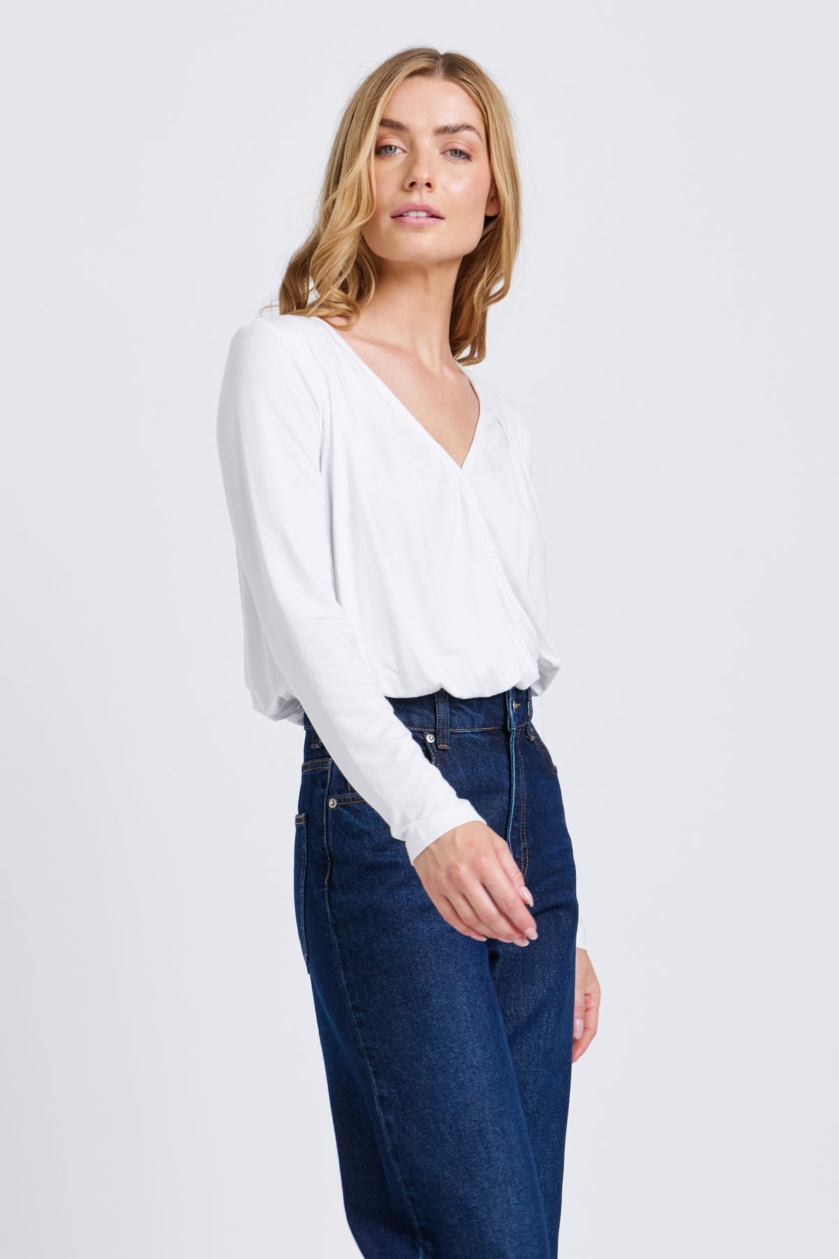 Augie Jersey Wrap Long Sleeve Top - White