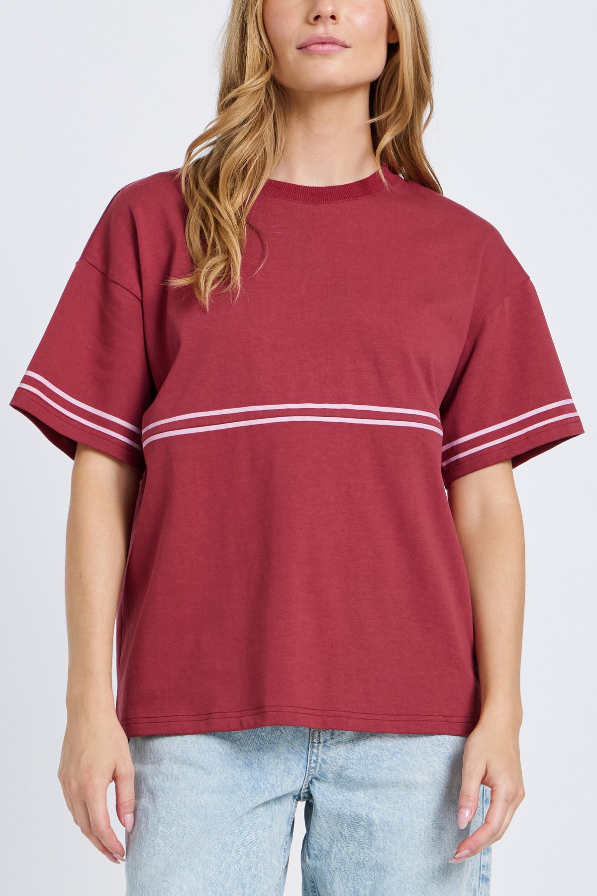 Saxon Stripe Detail Panel Tee - Red / Pink
