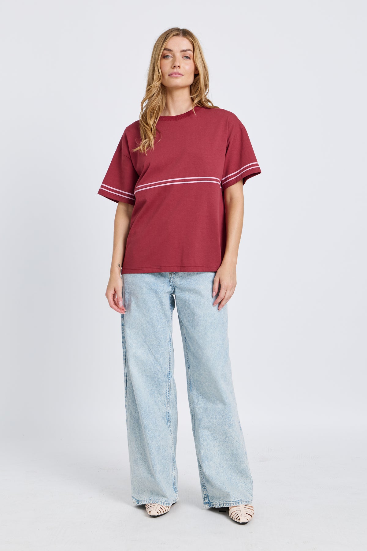 Saxon Stripe Detail Panel Tee - Red / Pink
