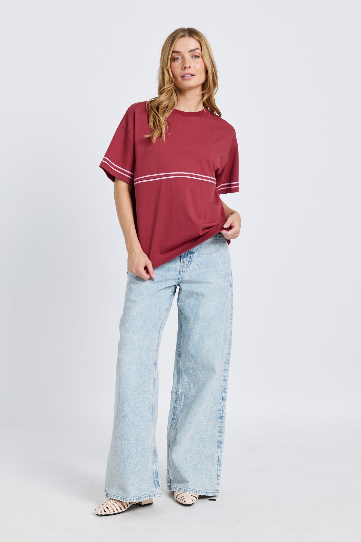 Saxon Stripe Detail Panel Tee - Red / Pink