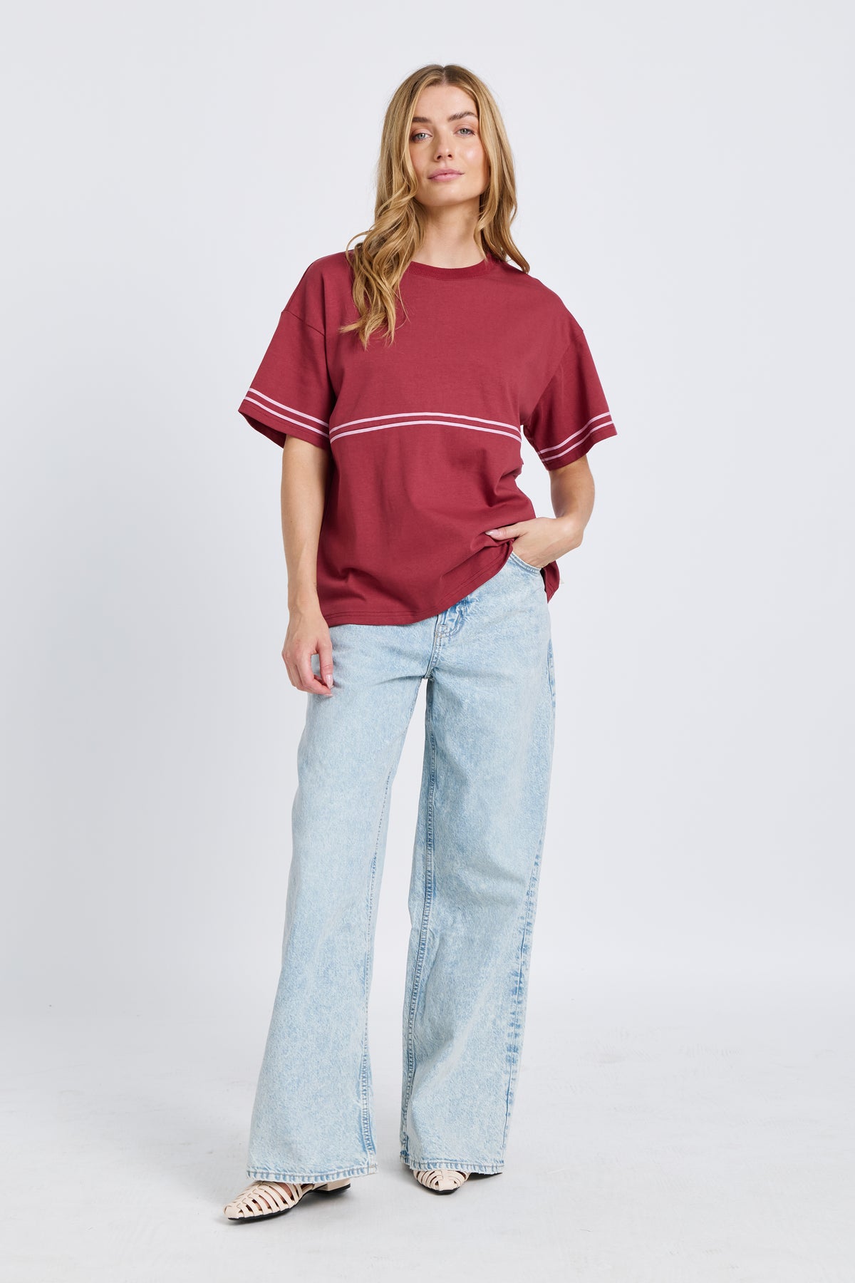 Saxon Stripe Detail Panel Tee - Red / Pink
