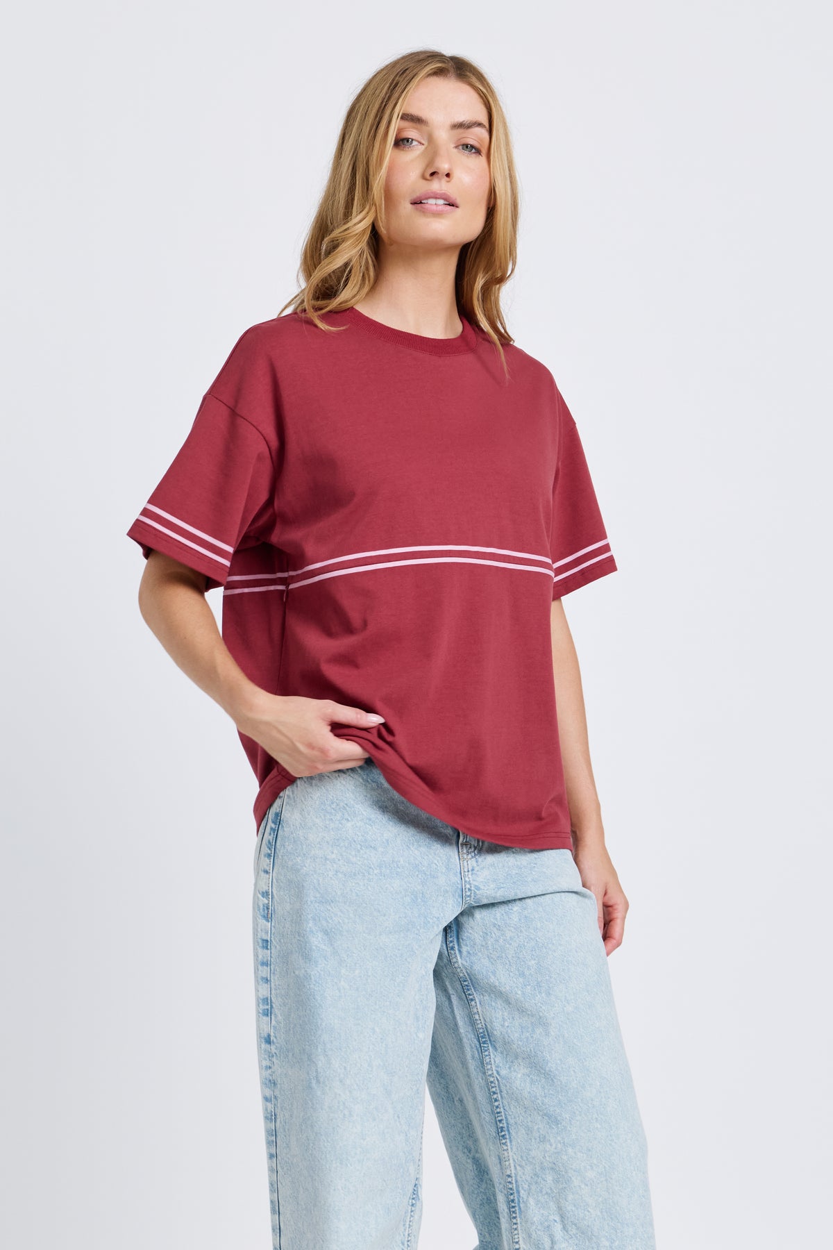Saxon Stripe Detail Panel Tee - Red / Pink