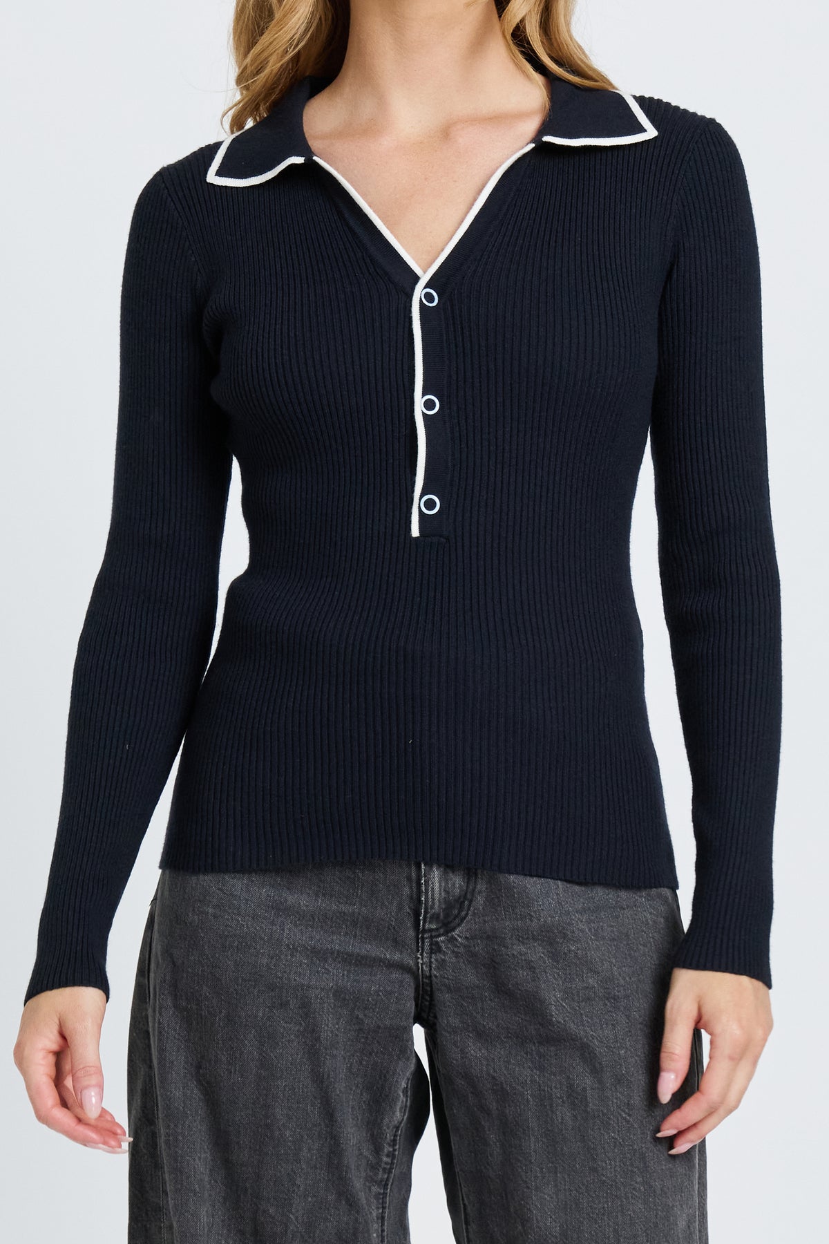 Monica Polo Knit Top - Navy / White