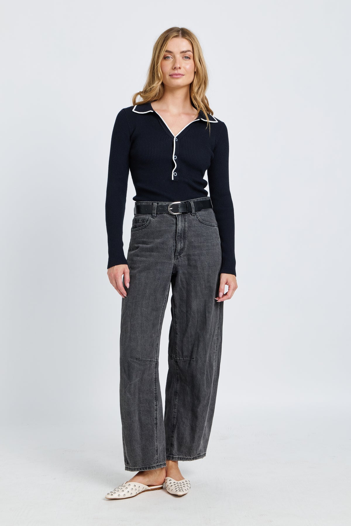 Monica Polo Knit Top - Navy / White