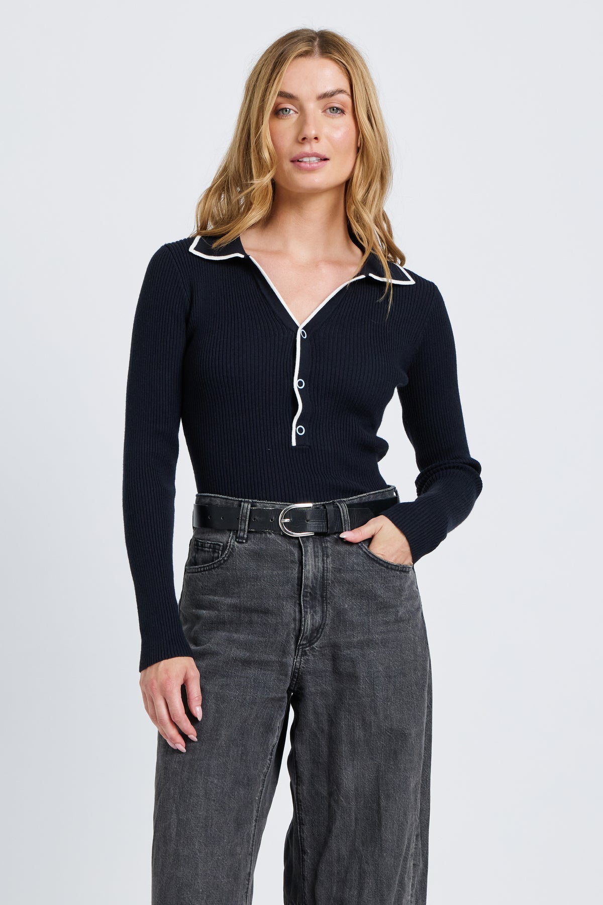 Monica Polo Knit Top - Navy / White