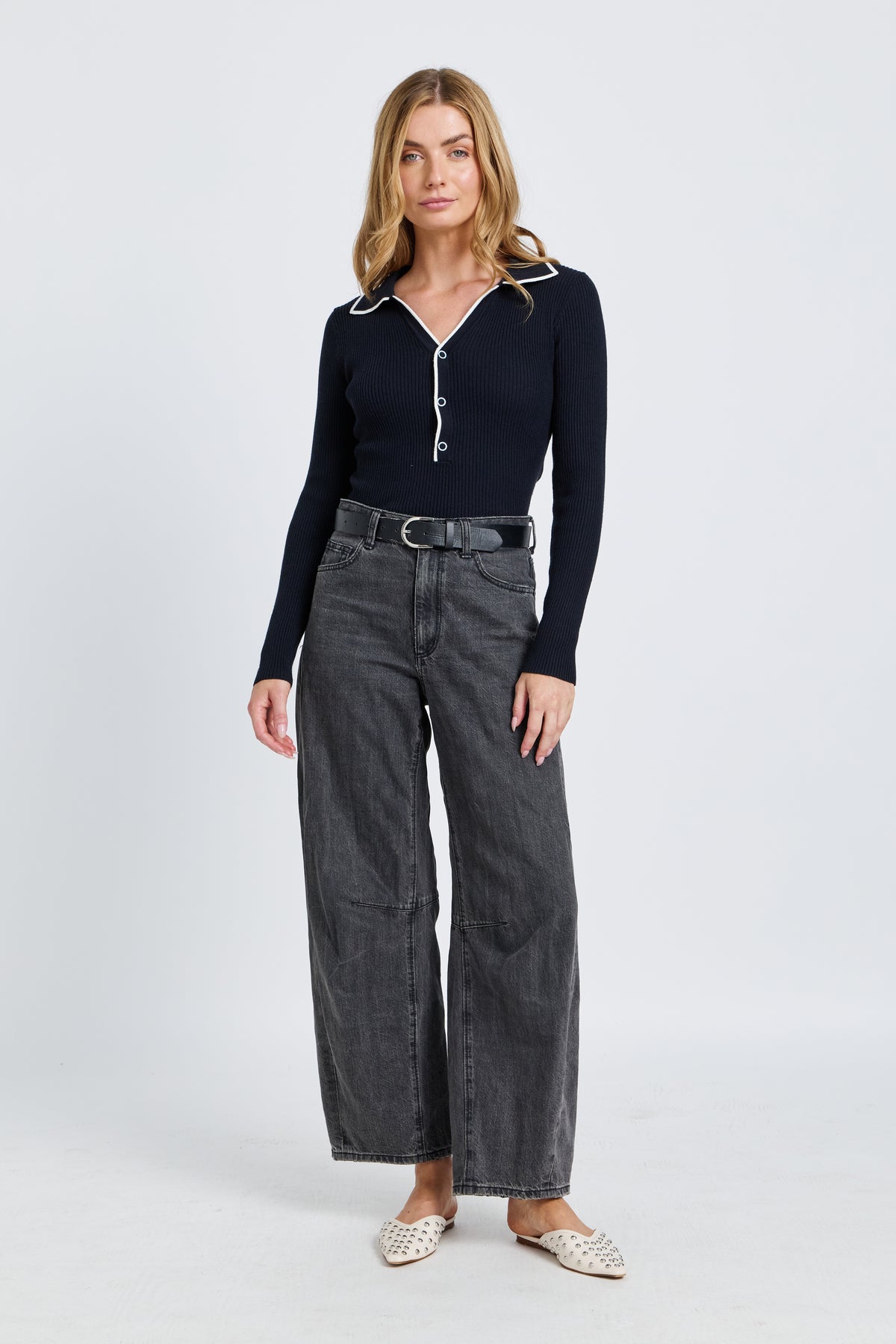 Monica Polo Knit Top - Navy / White