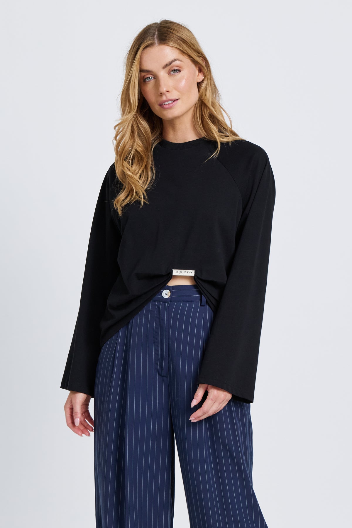 Sammi Ruched Long Sleeve Box-Cut Top - Black