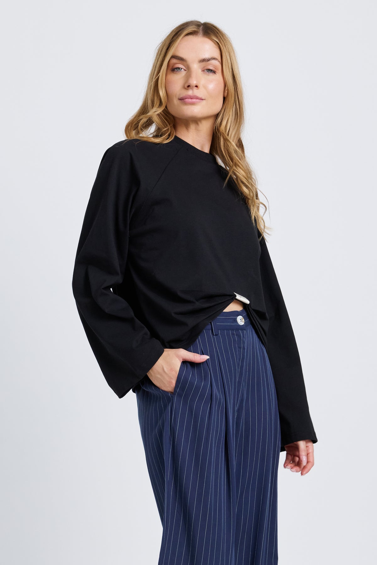 Sammi Ruched Long Sleeve Box-Cut Top - Black