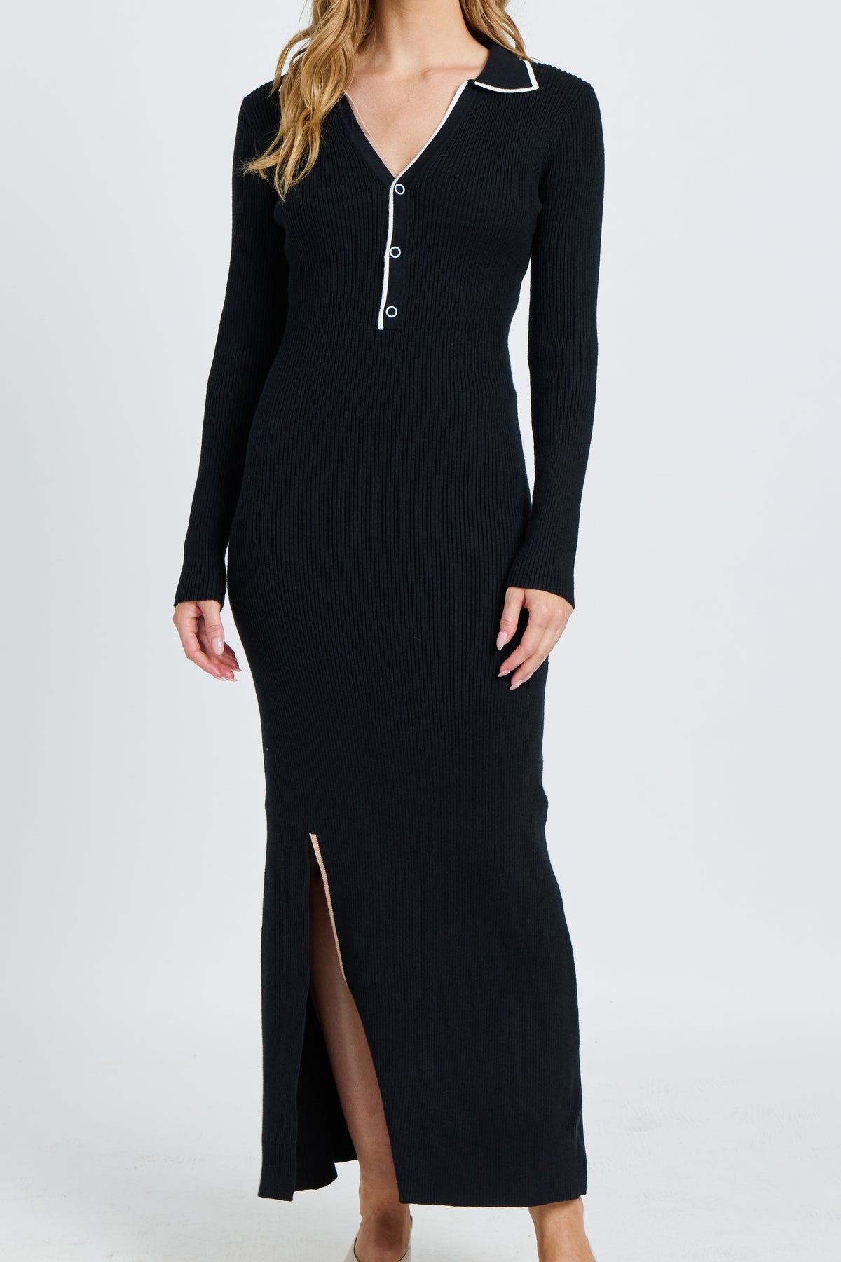 Monica Polo Knit Midi Dress - Black / White / Beige