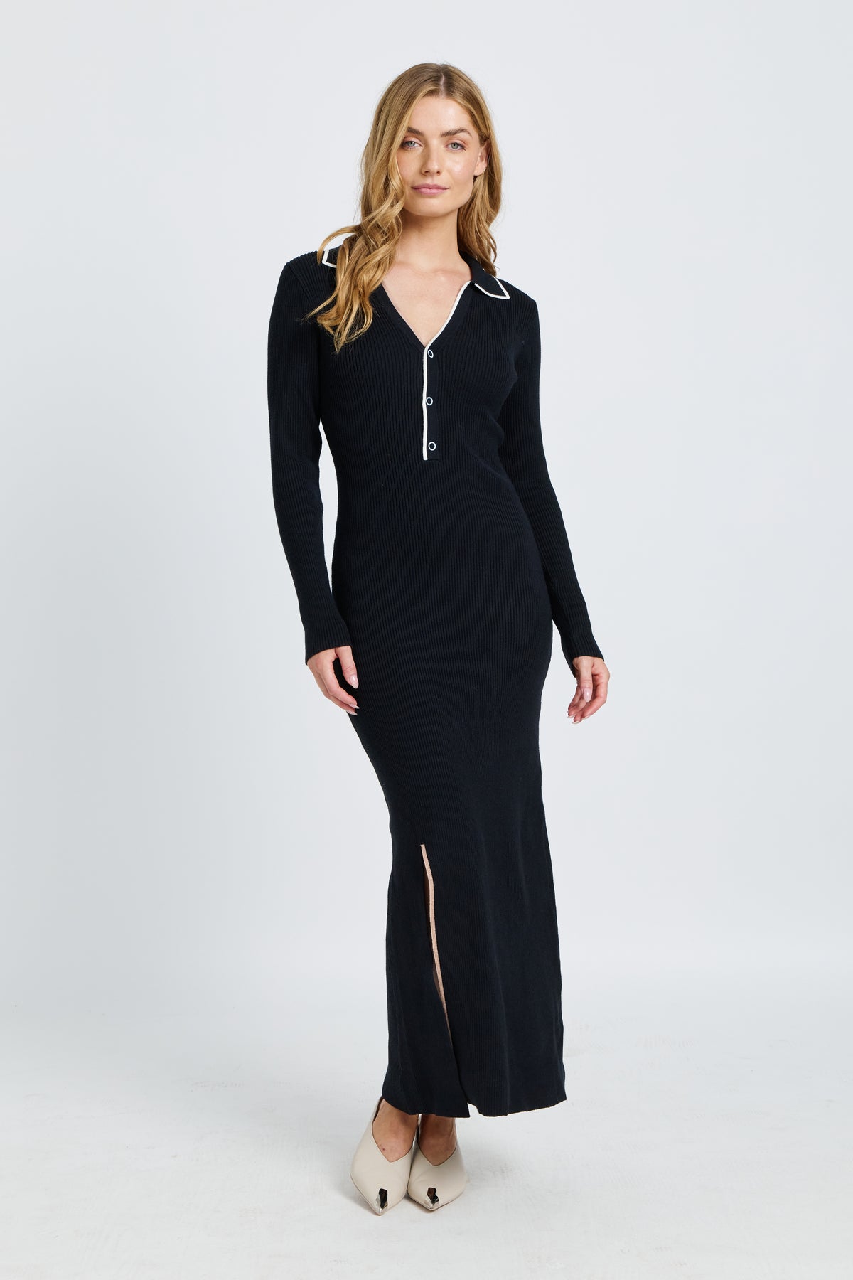 Monica Polo Knit Midi Dress - Black / White / Beige
