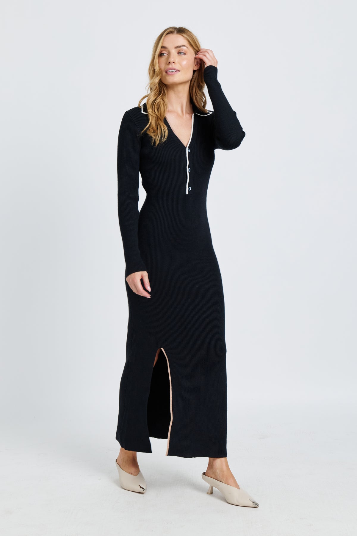 Monica Polo Knit Midi Dress - Black / White / Beige