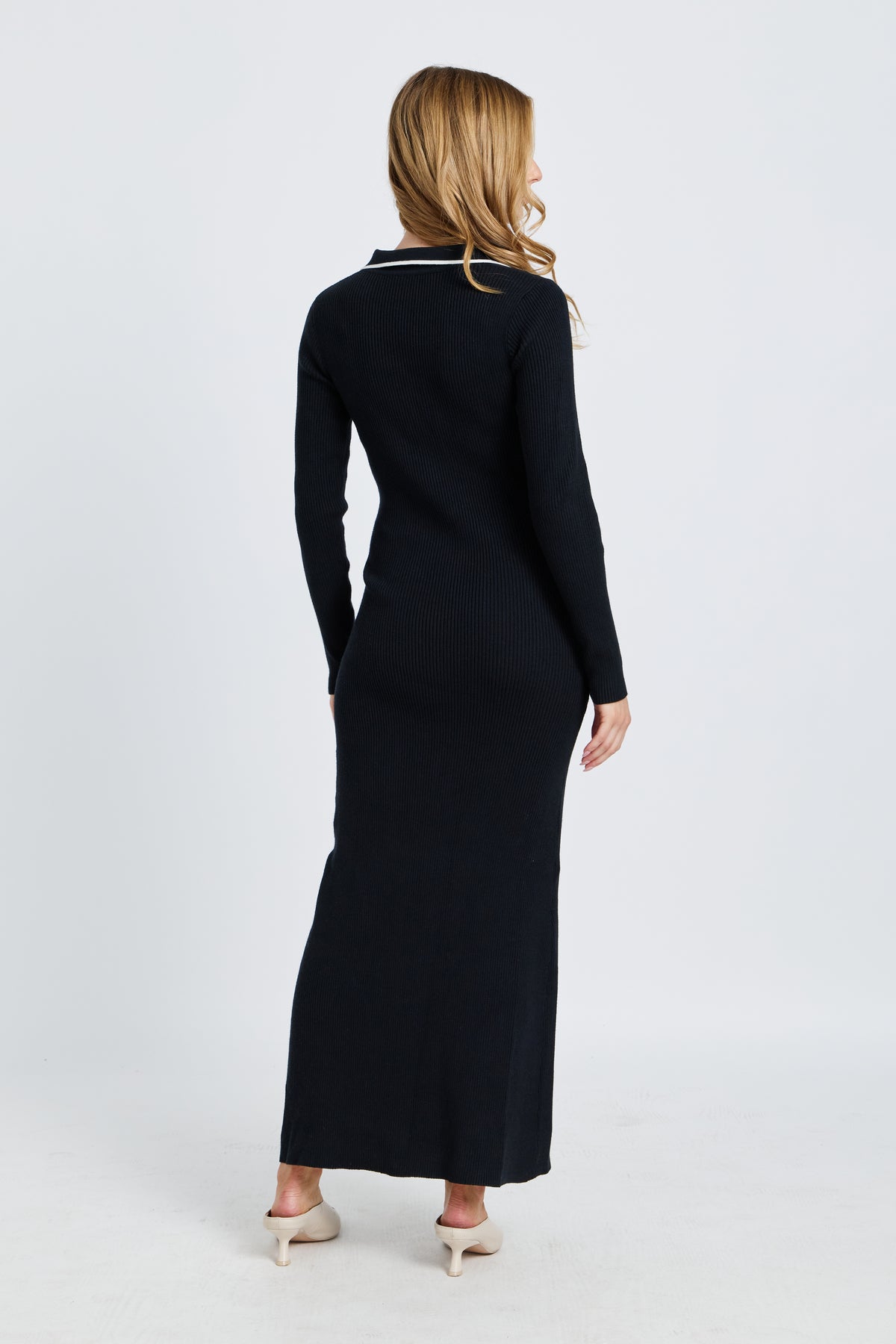 Monica Polo Knit Midi Dress - Black / White / Beige