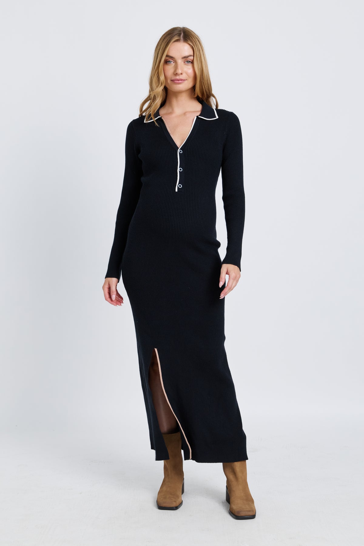 Monica Polo Knit Midi Dress - Black / White / Beige