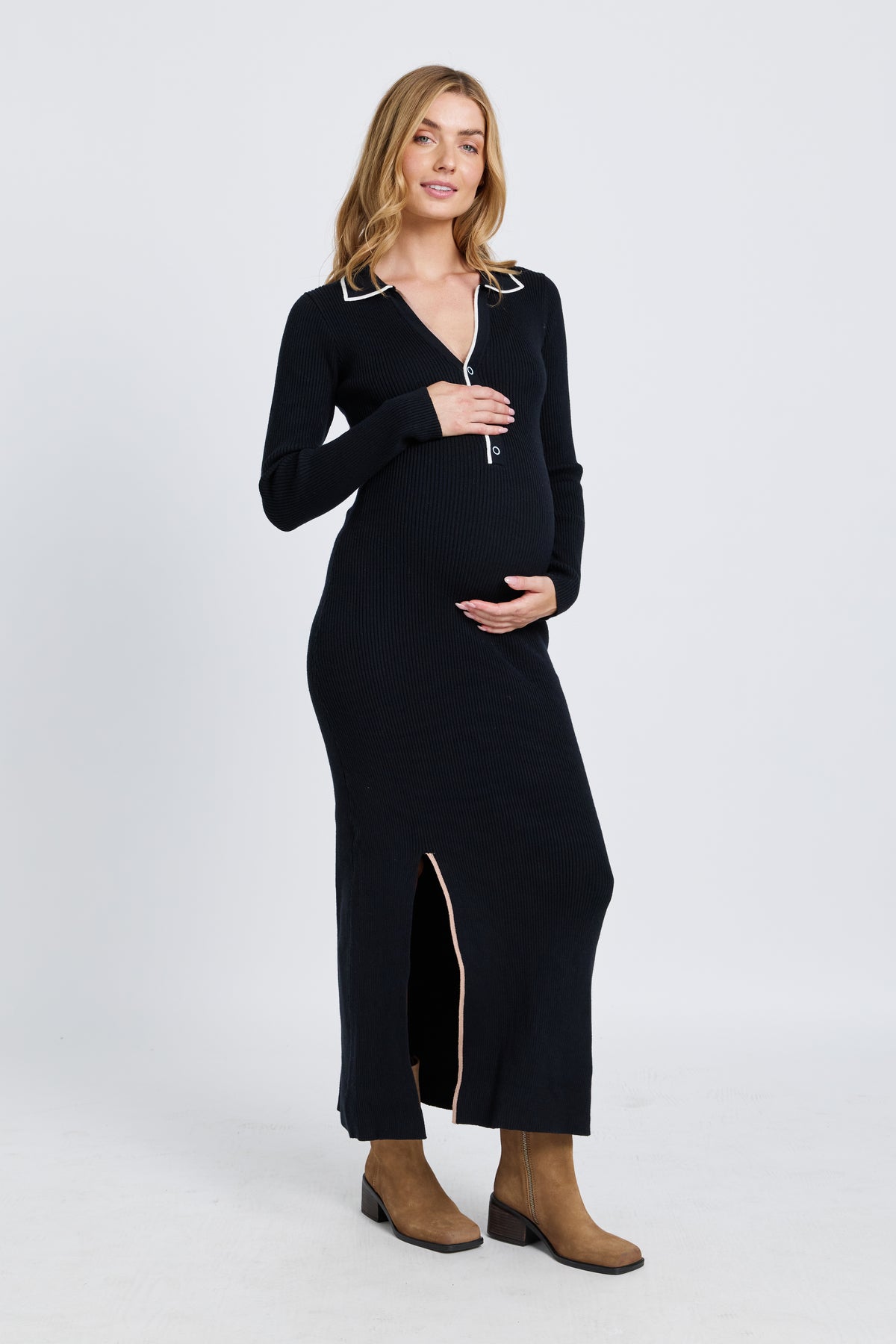 Monica Polo Knit Midi Dress - Black / White / Beige