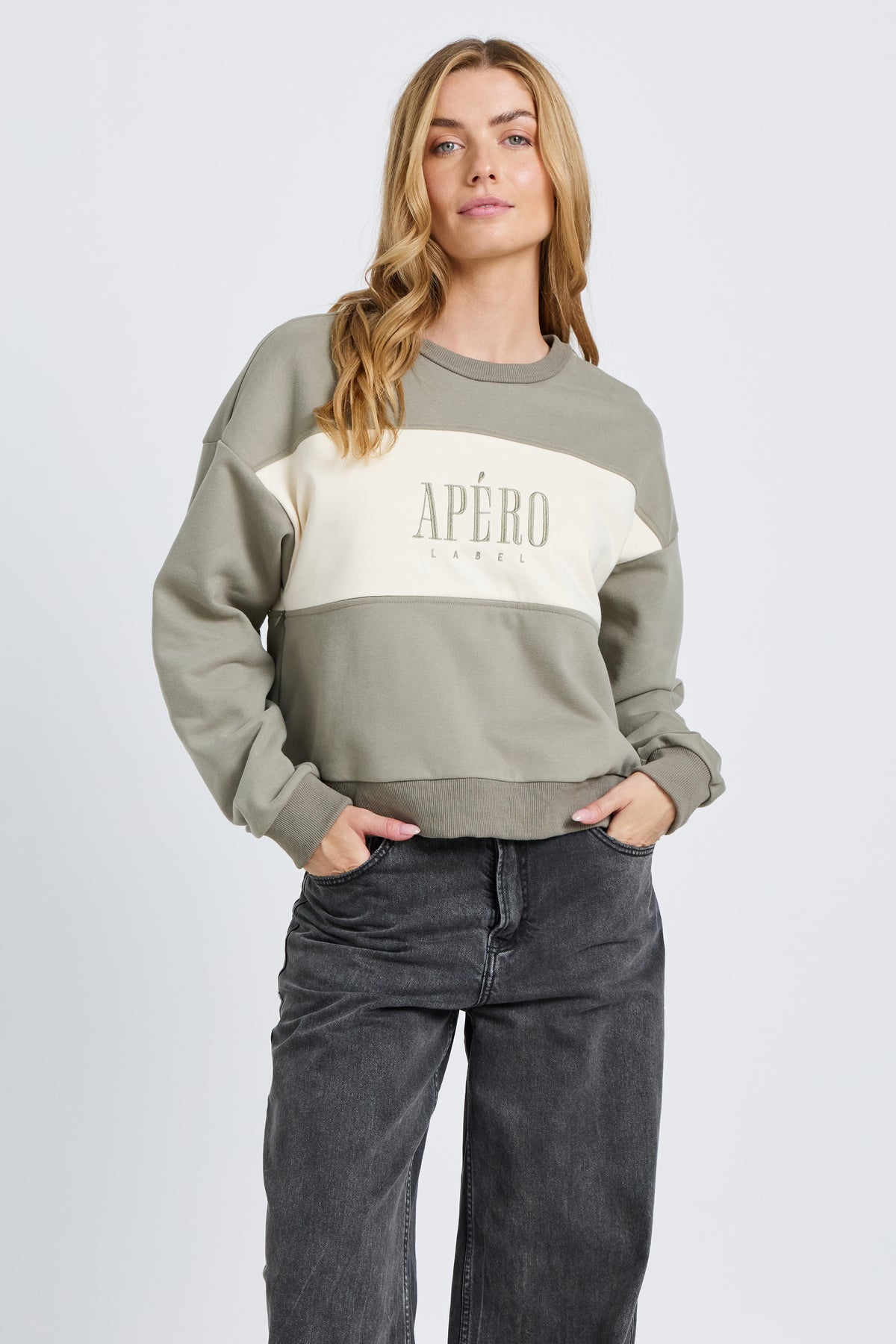 Dual Oversized Cropped Panel Jumper - Sage / Cream