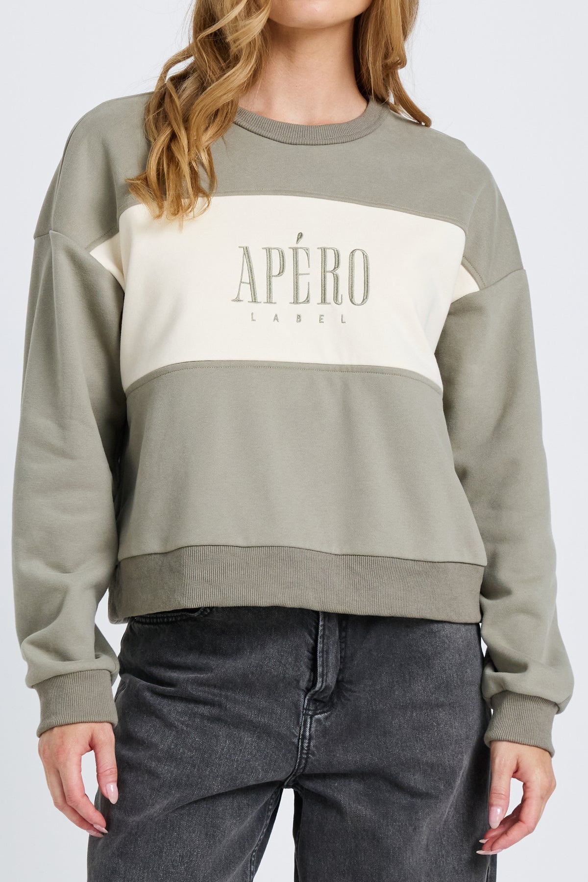 Dual Oversized Cropped Panel Jumper - Sage / Cream