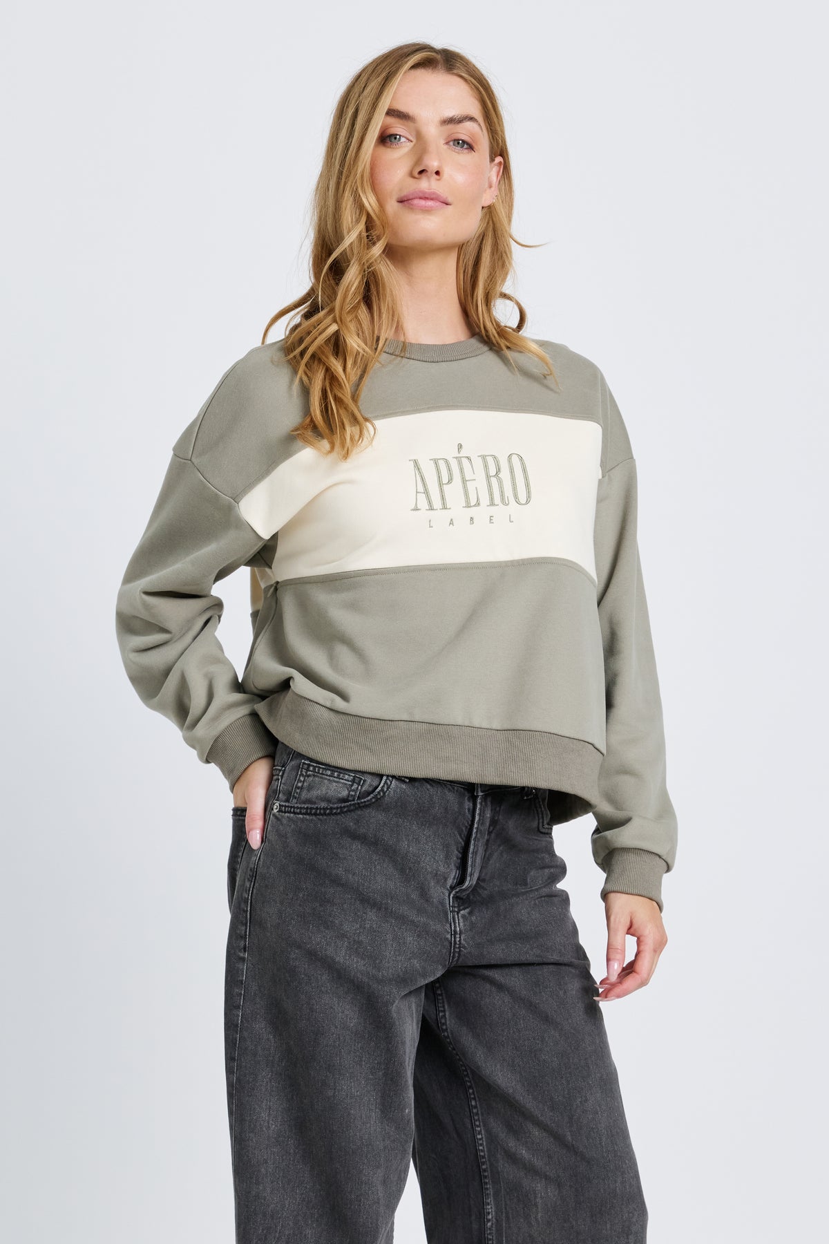 Dual Oversized Cropped Panel Jumper - Sage / Cream