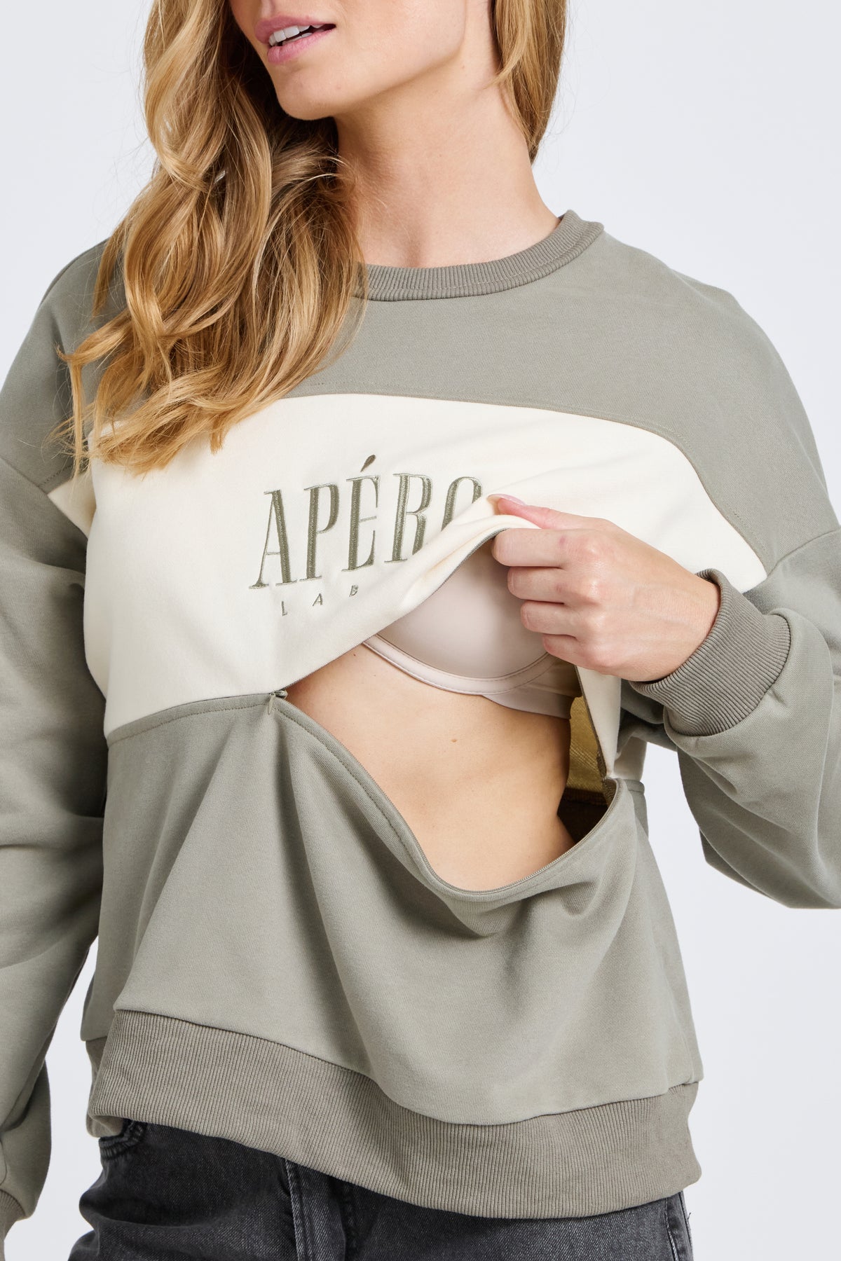 Dual Oversized Cropped Panel Jumper - Sage / Cream