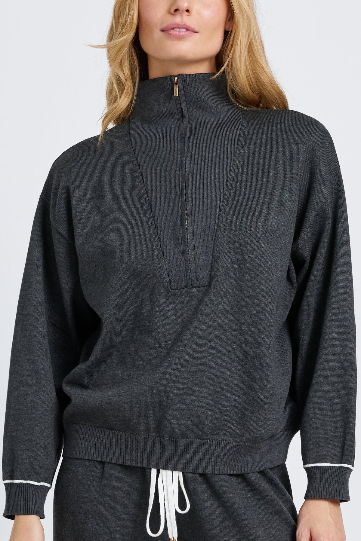 Nina Half-Zip Knit Lounge Top - Charcoal / White