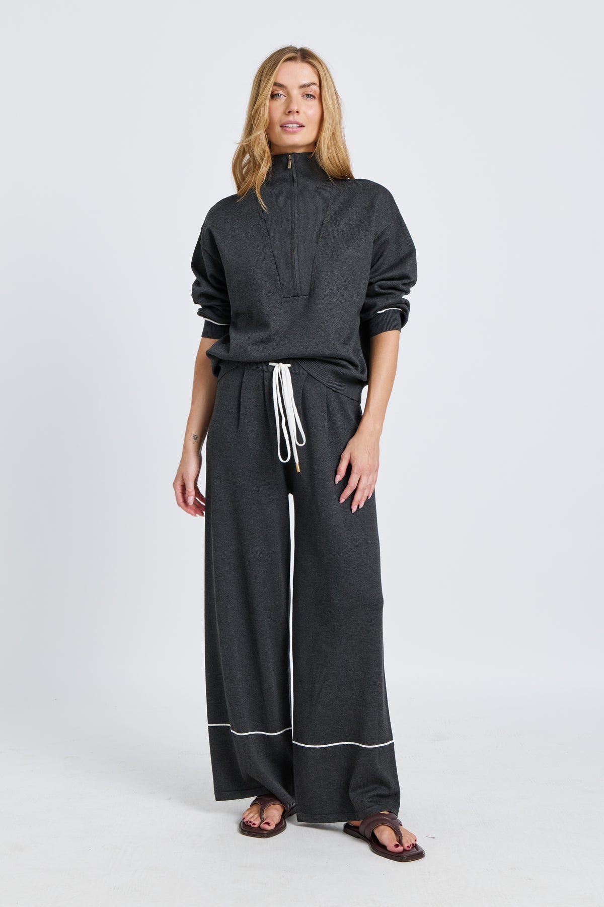 Nina Half-Zip Knit Lounge Top - Charcoal / White