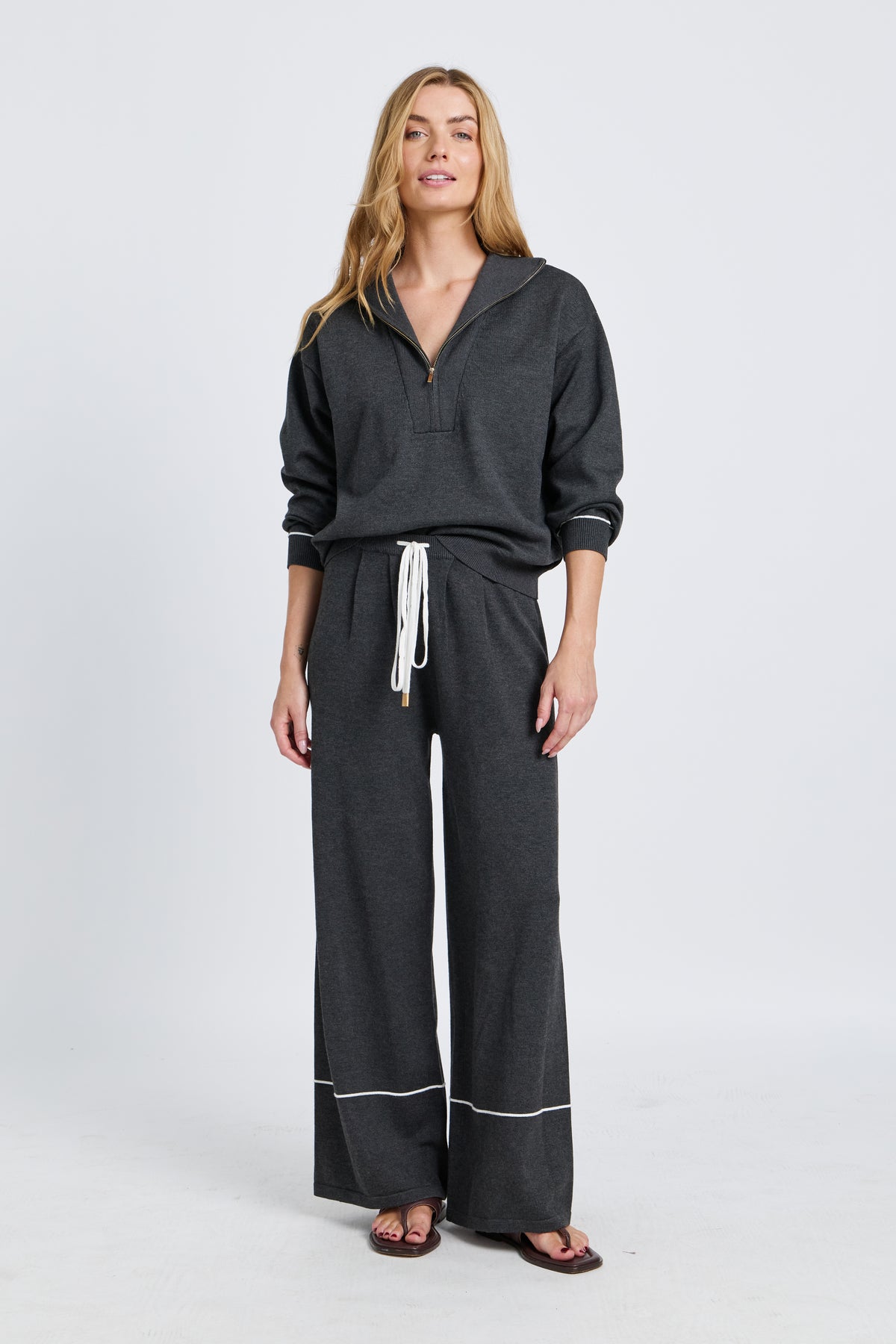Nina Half-Zip Knit Lounge Top - Charcoal / White