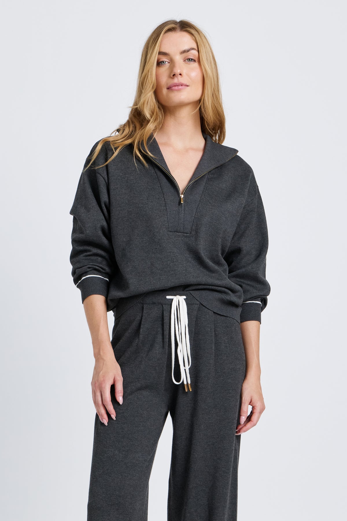 Nina Half-Zip Knit Lounge Top - Charcoal / White