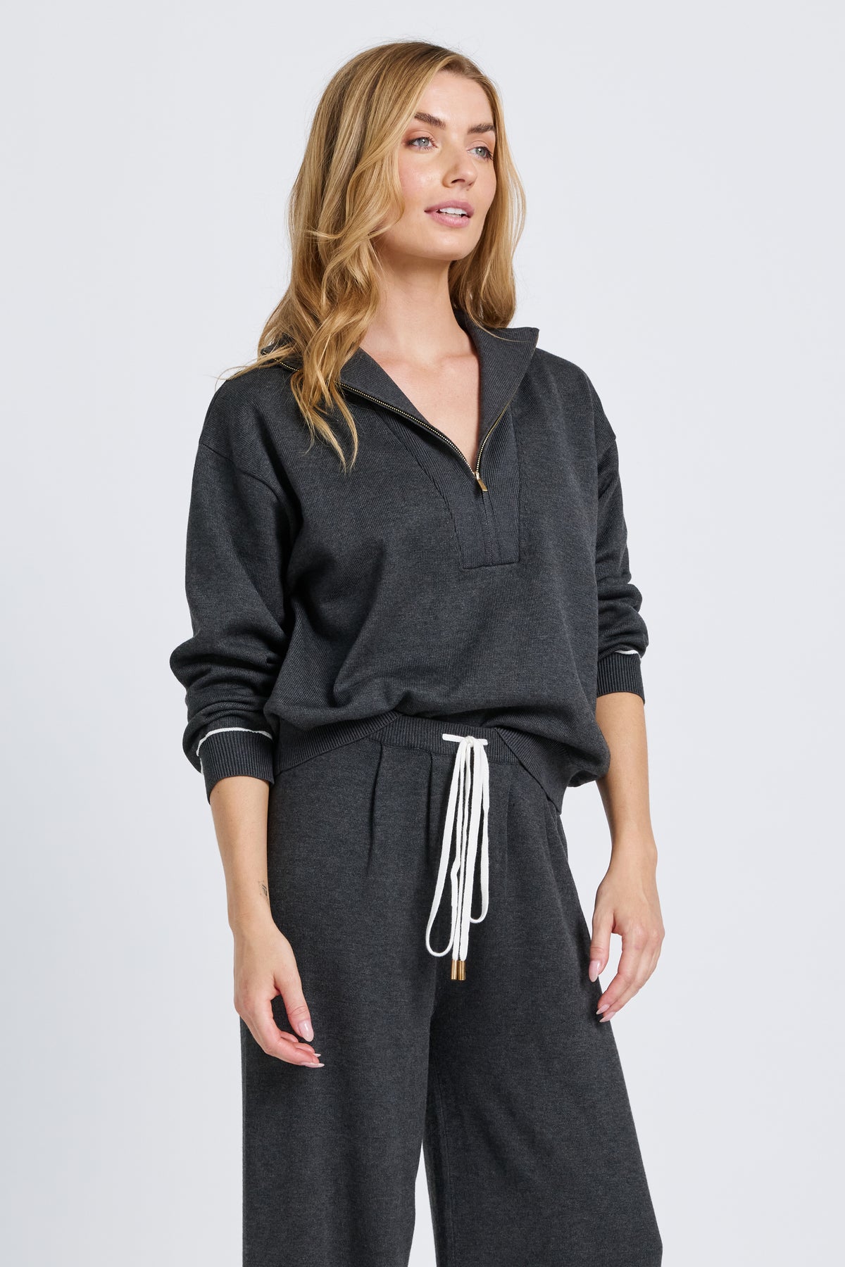 Nina Half-Zip Knit Lounge Top - Charcoal / White