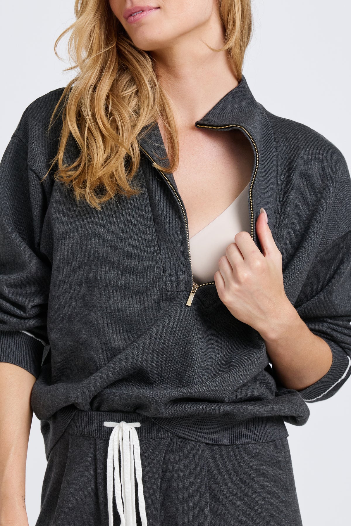 Nina Half-Zip Knit Lounge Top - Charcoal / White