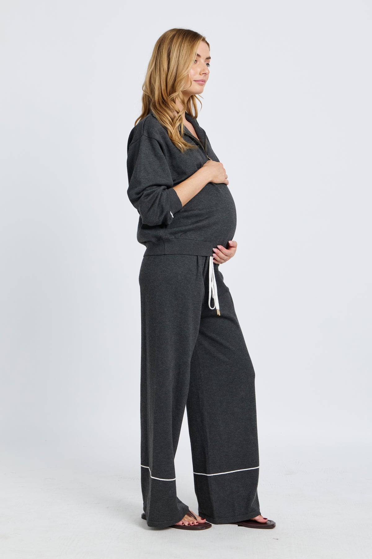 Nina Half-Zip Knit Lounge Top - Charcoal / White