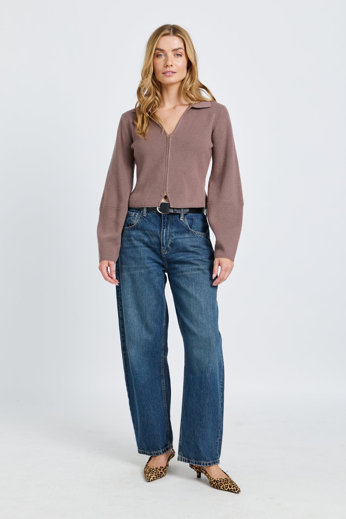 Astra Zip-Front Knit Top - Taupe