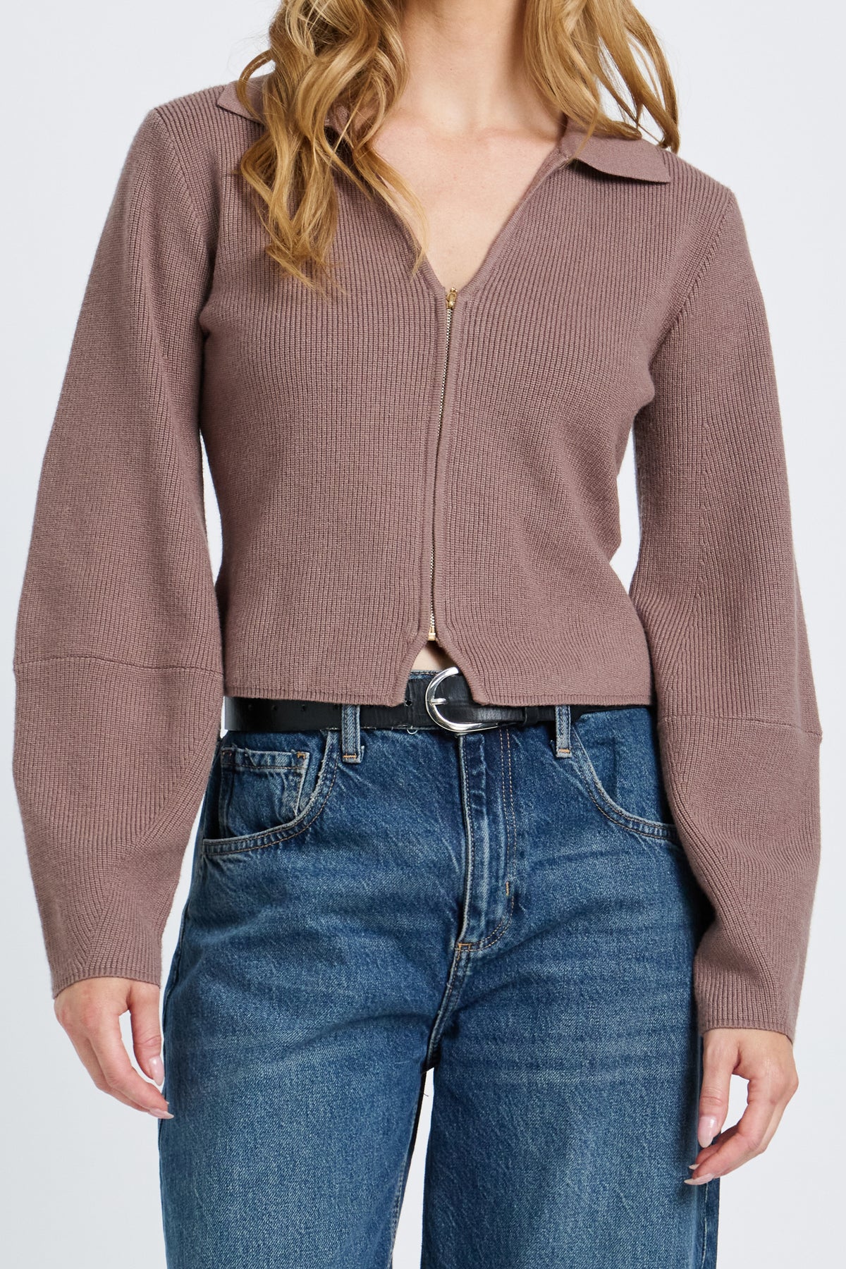 Astra Zip-Front Knit Top - Taupe