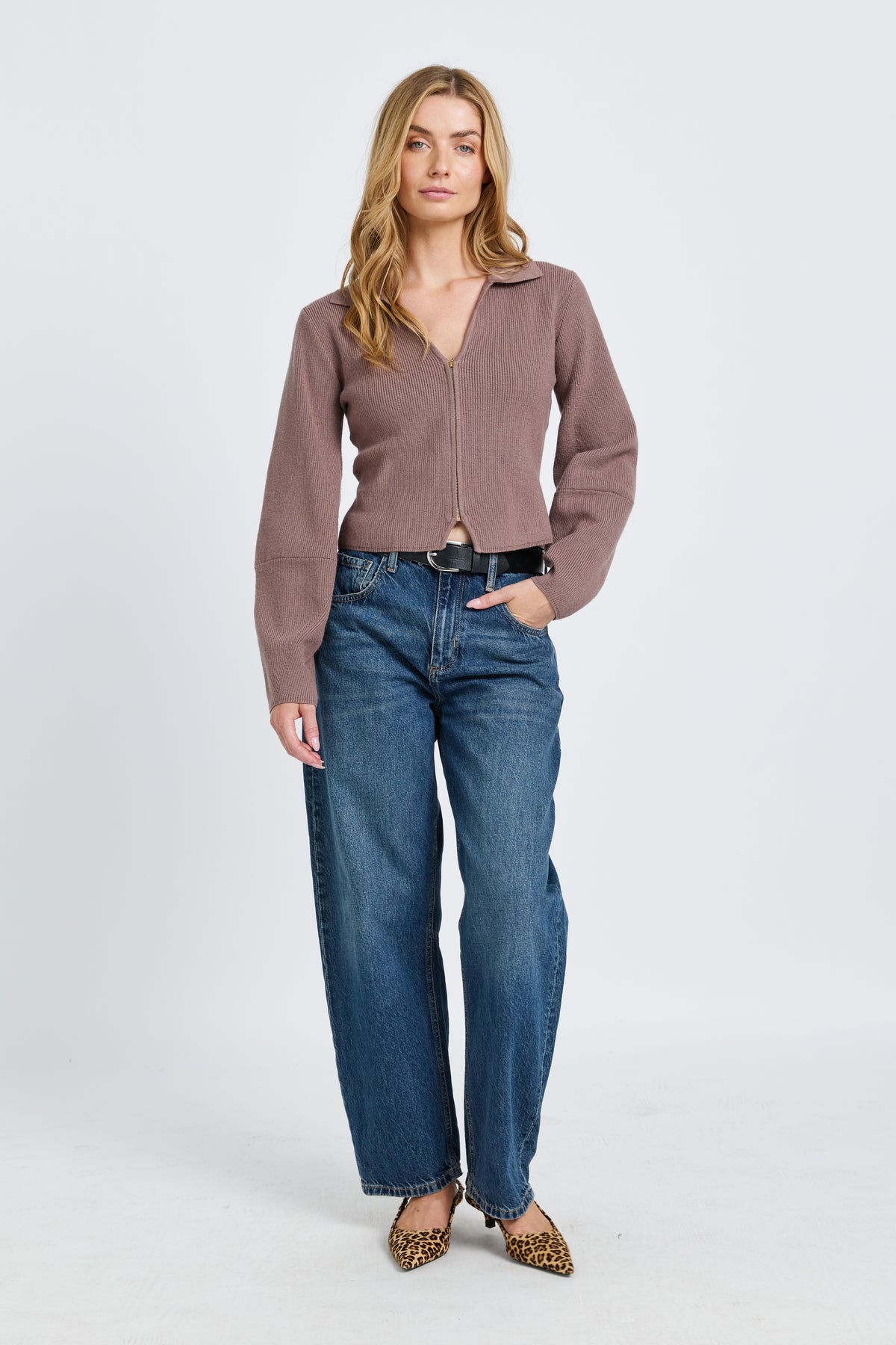 Astra Zip-Front Knit Top - Taupe