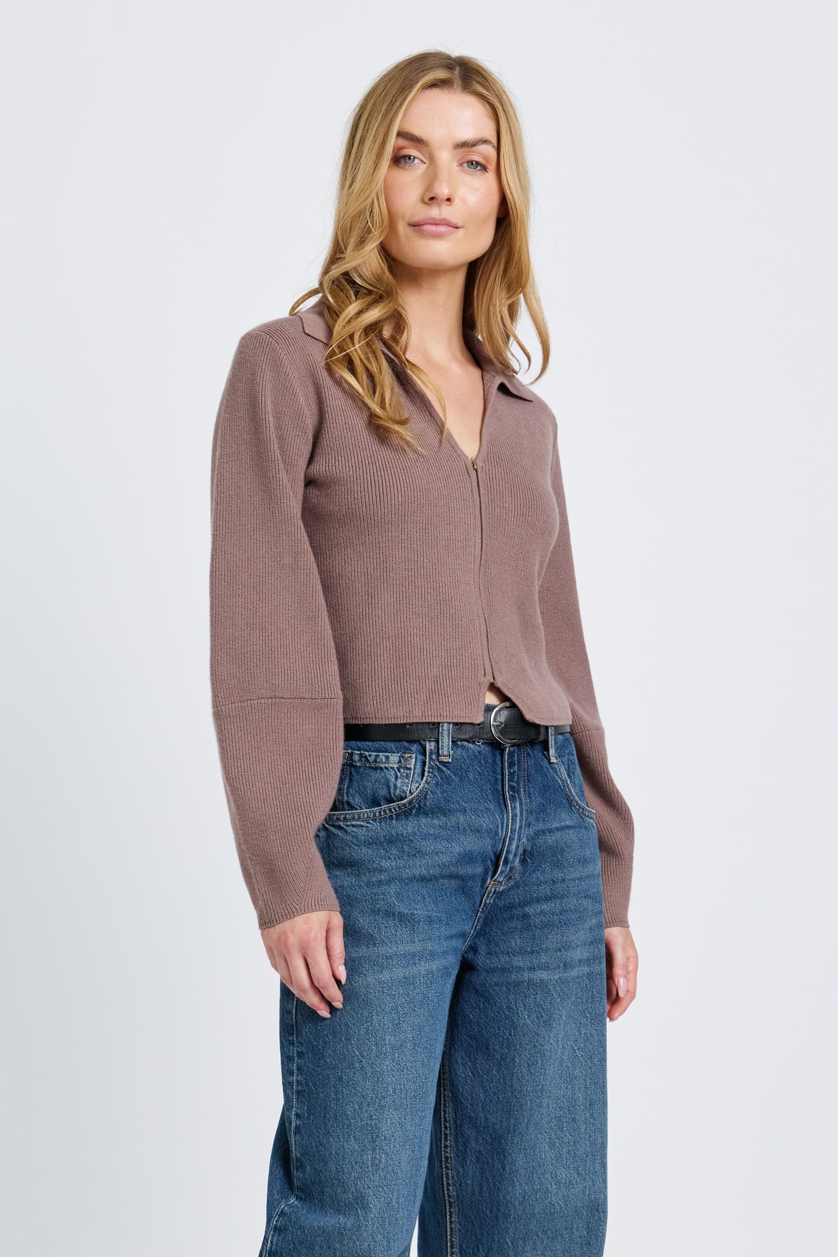 Astra Zip-Front Knit Top - Taupe