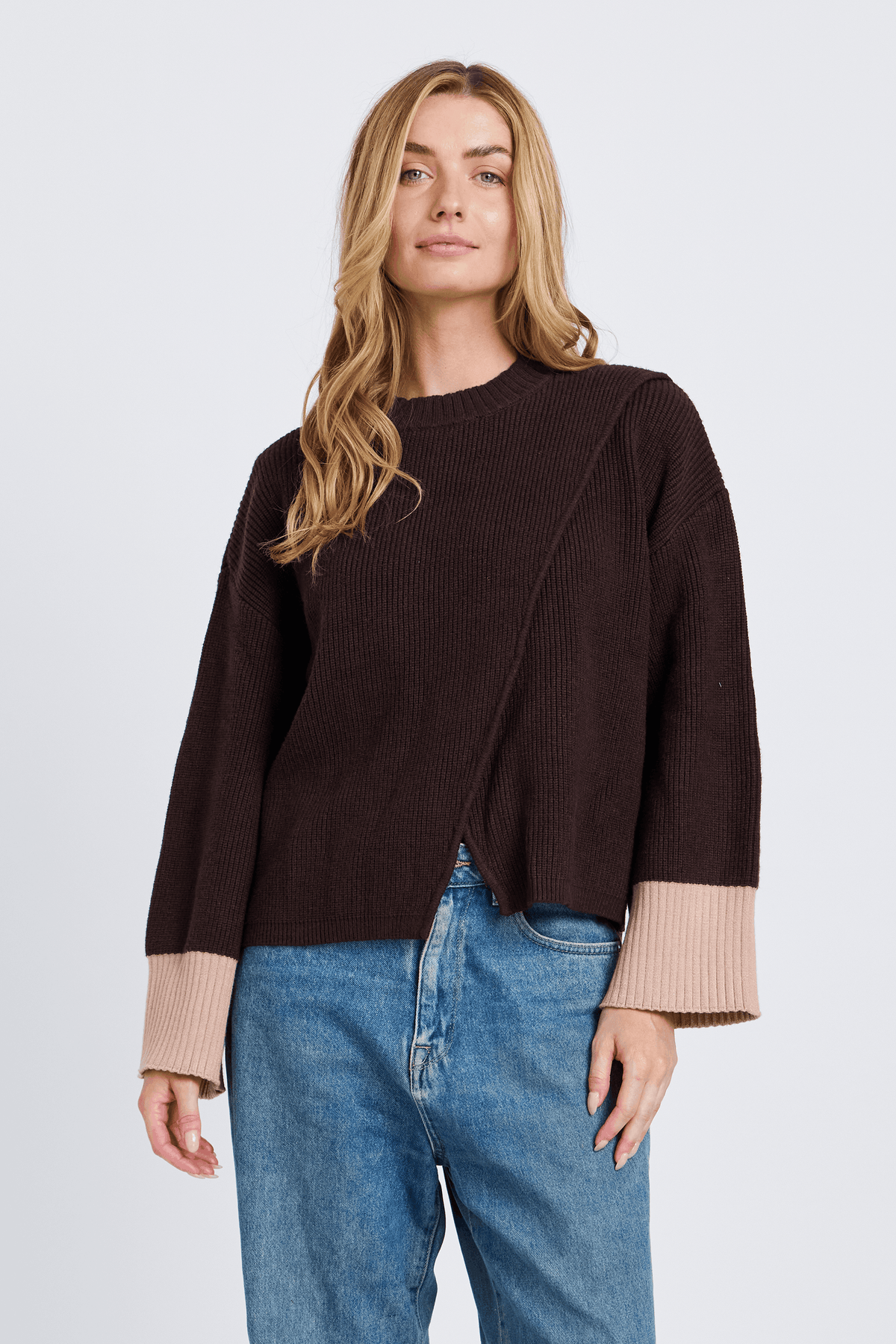 Nova Wrap Knit Jumper - Chocolate / Beige