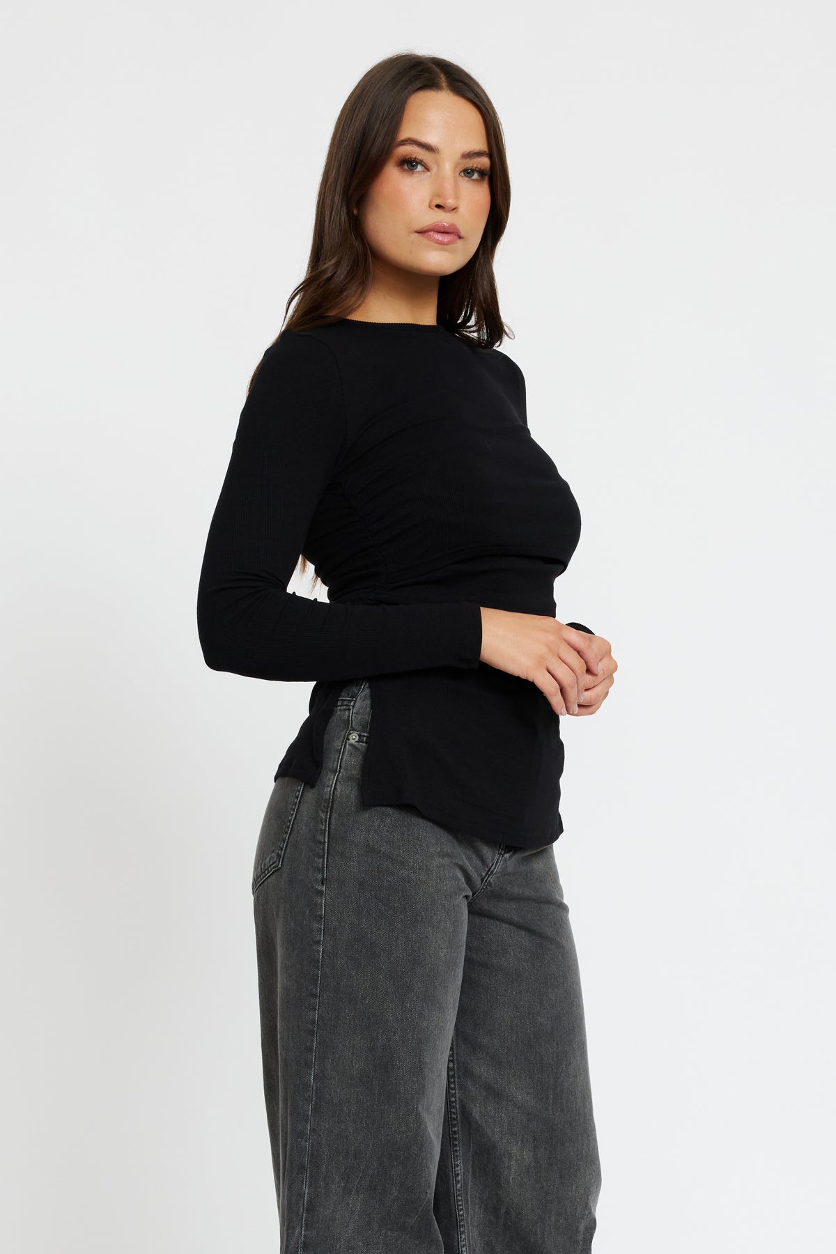 Ari Ribbed Long Sleeve Top - Black