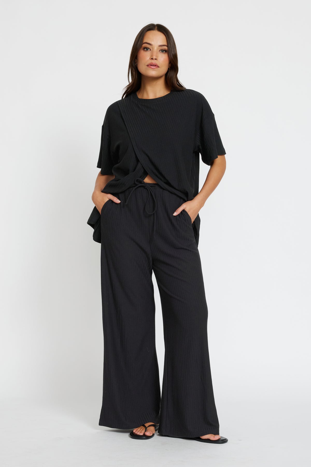 Ivy Ribbed Longline Wrap Tee - Black