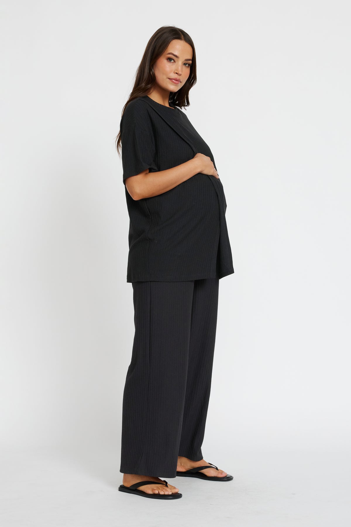 Ivy Ribbed Longline Wrap Tee - Black