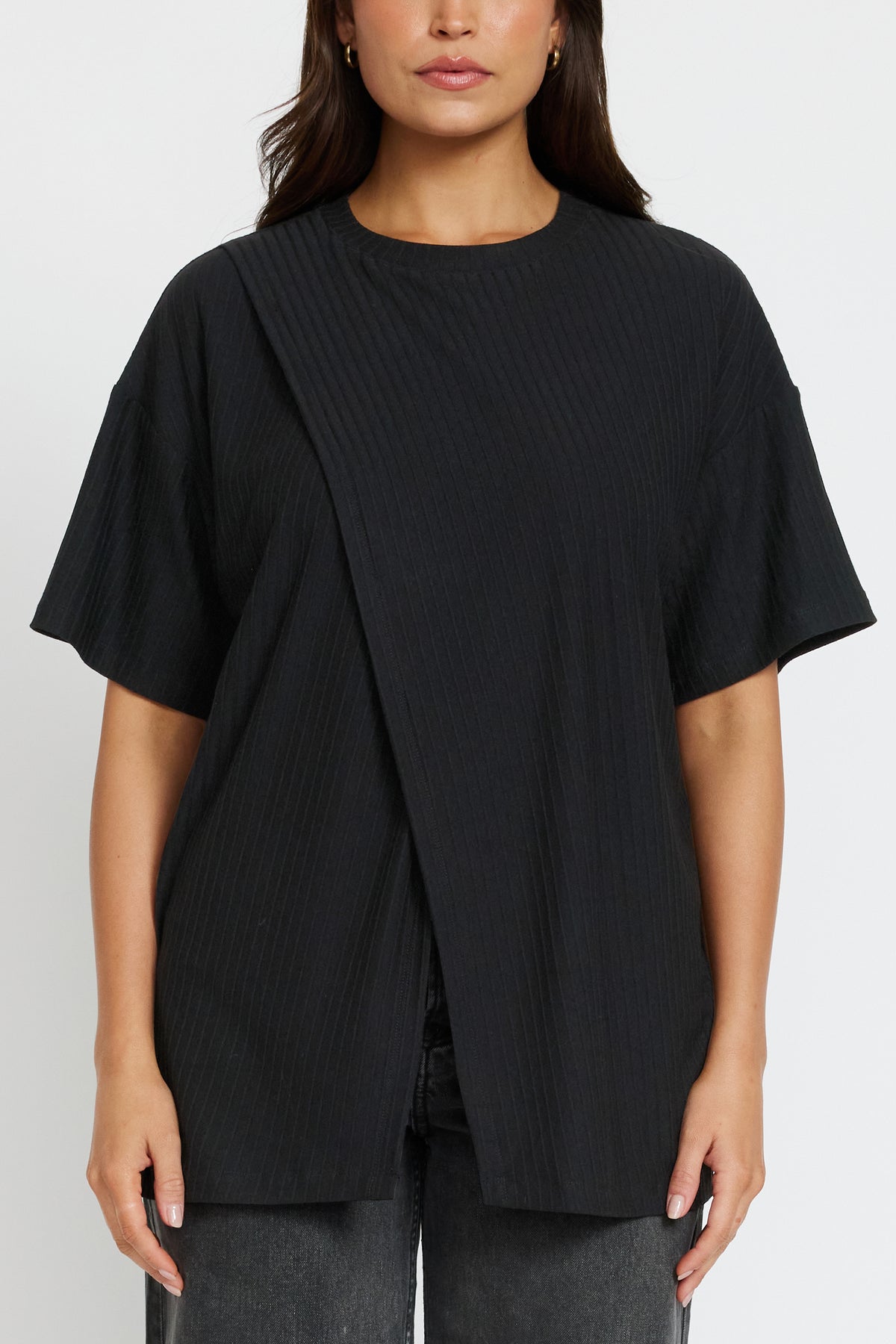 Ivy Ribbed Longline Wrap Tee - Black