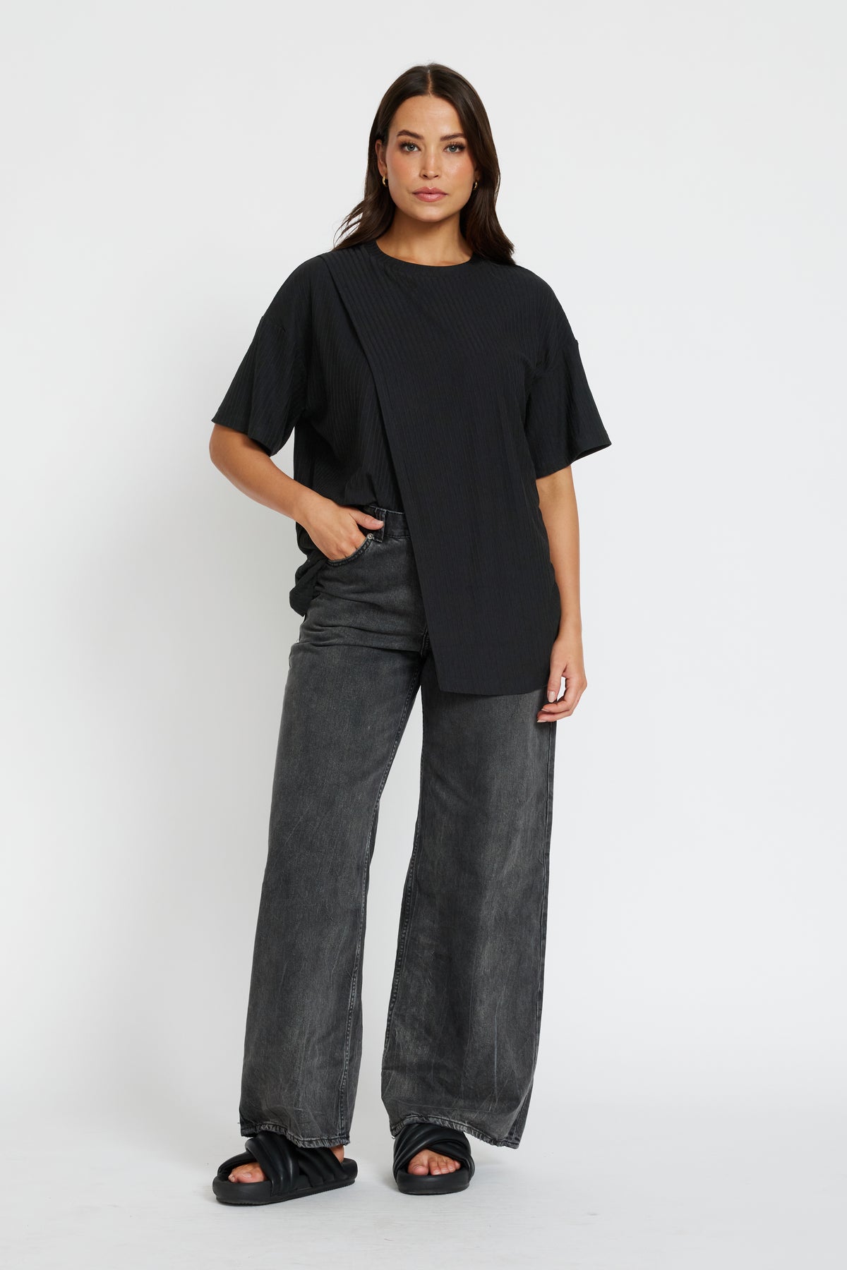 Ivy Ribbed Longline Wrap Tee - Black