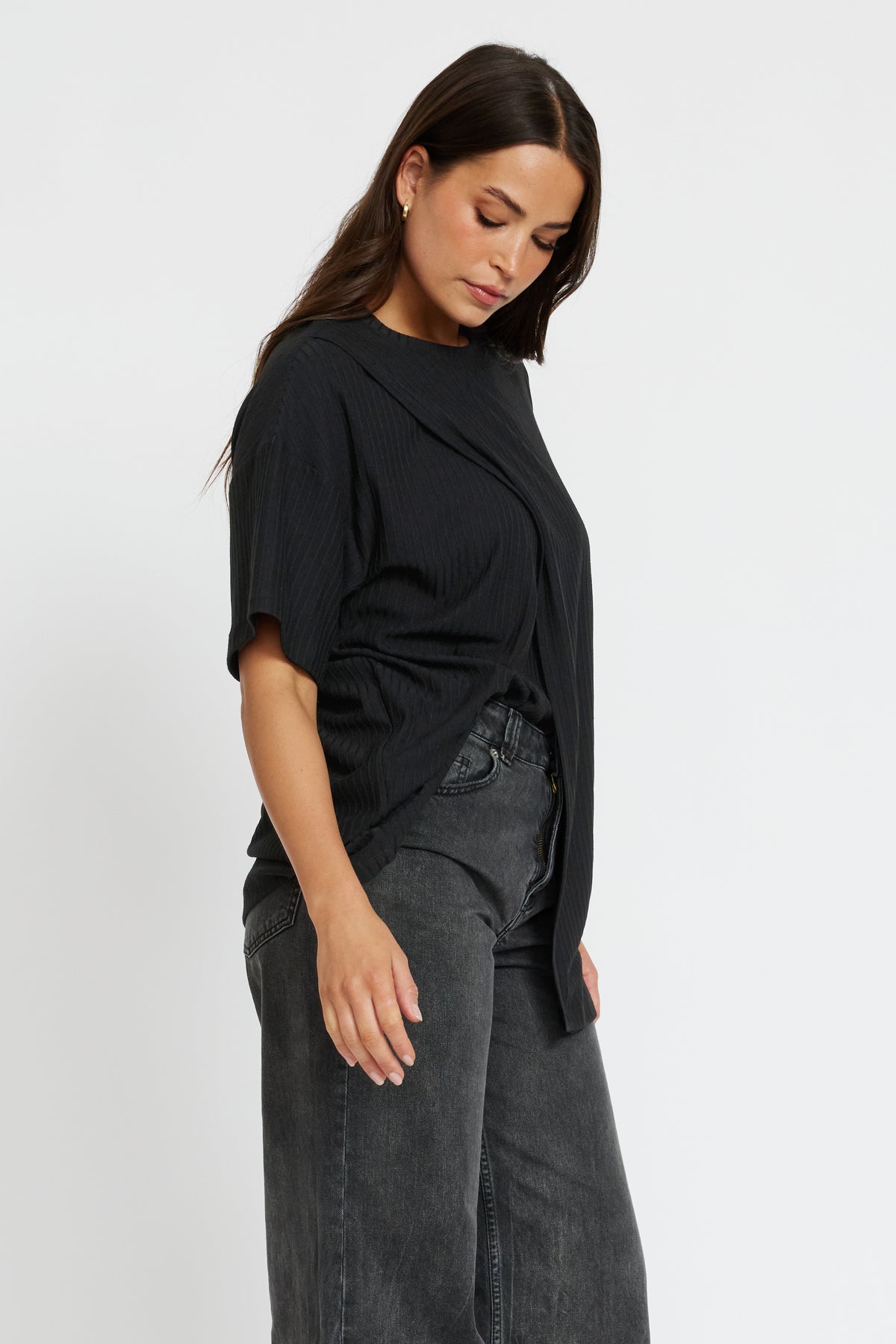 Ivy Ribbed Longline Wrap Tee - Black