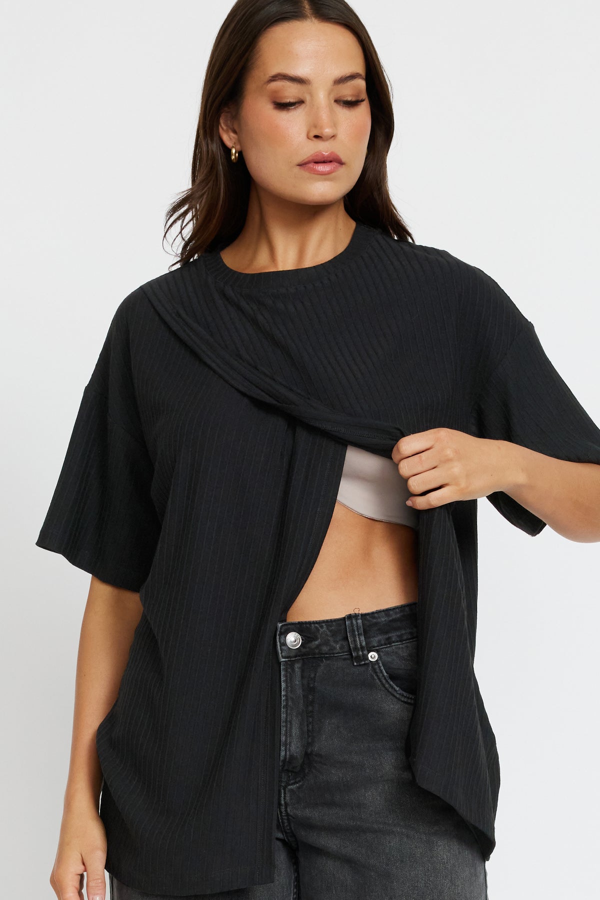 Ivy Ribbed Longline Wrap Tee - Black