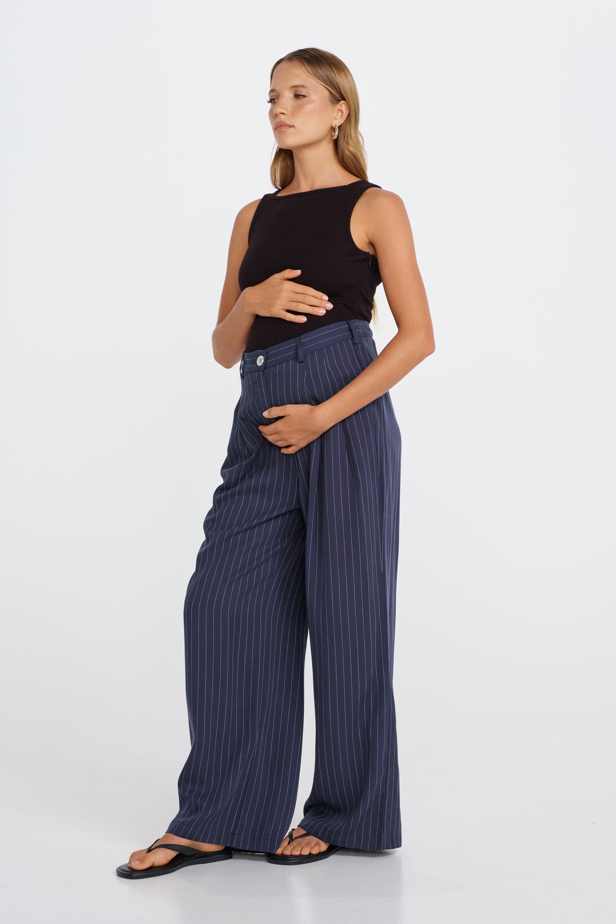 Bambi Pinstripe Adjustable Wide Leg Pant  - Navy / White