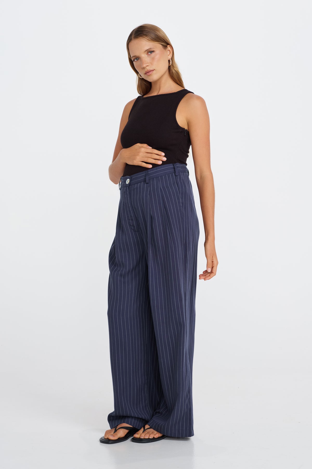 Bambi Pinstripe Adjustable Wide Leg Pant  - Navy / White
