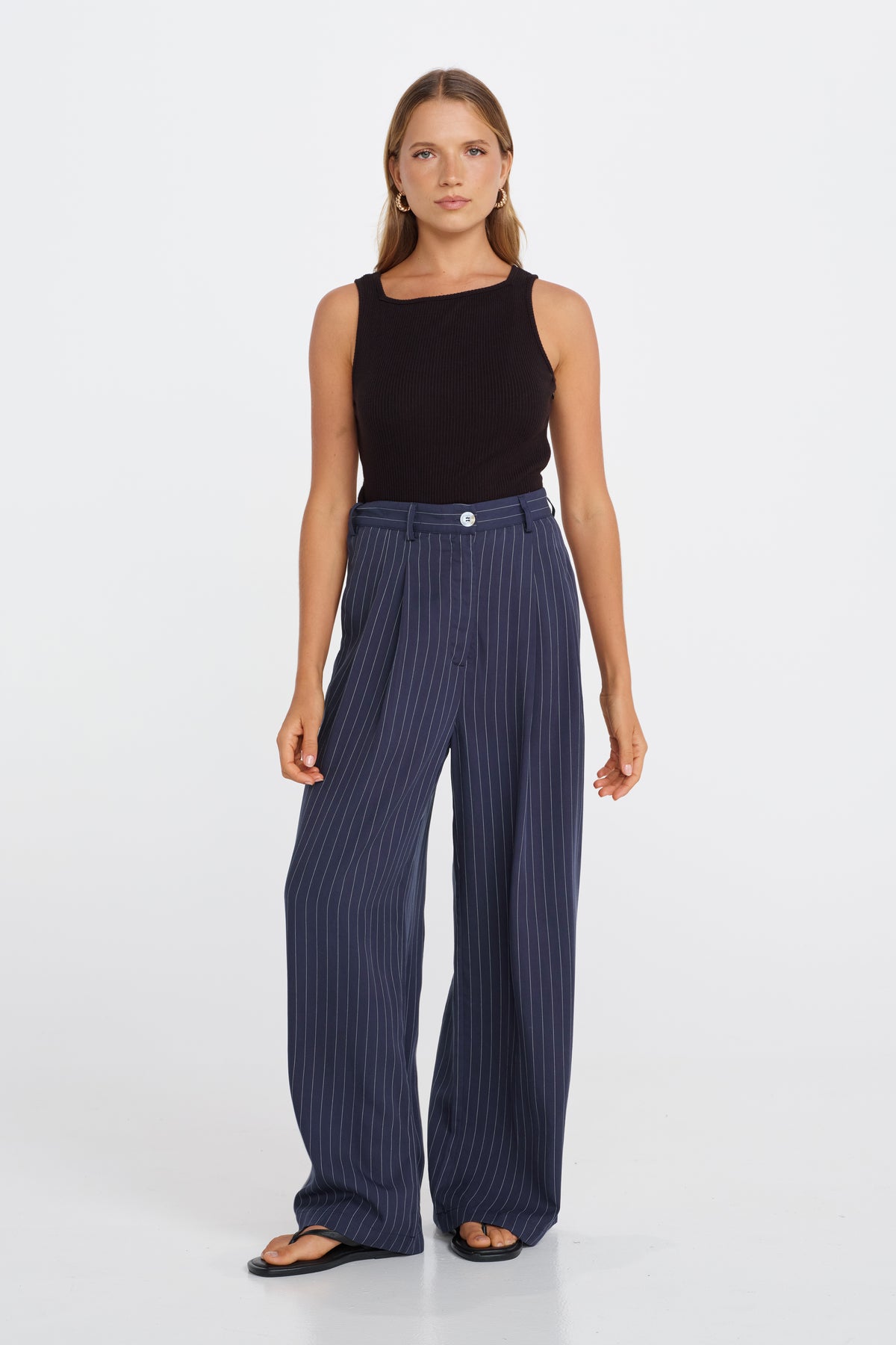 Bambi Pinstripe Adjustable Wide Leg Pant  - Navy / White