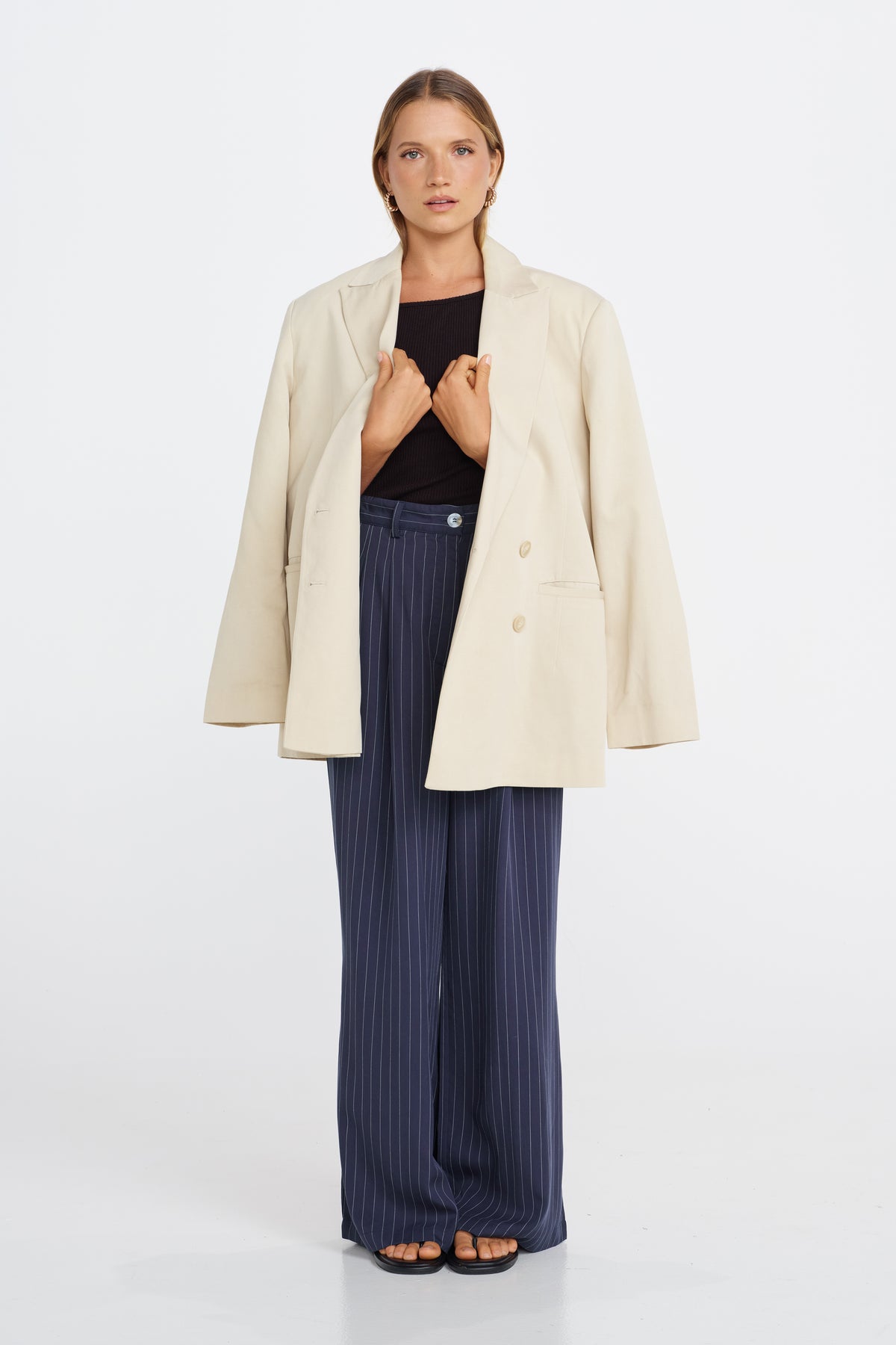 Bambi Pinstripe Adjustable Wide Leg Pant  - Navy / White