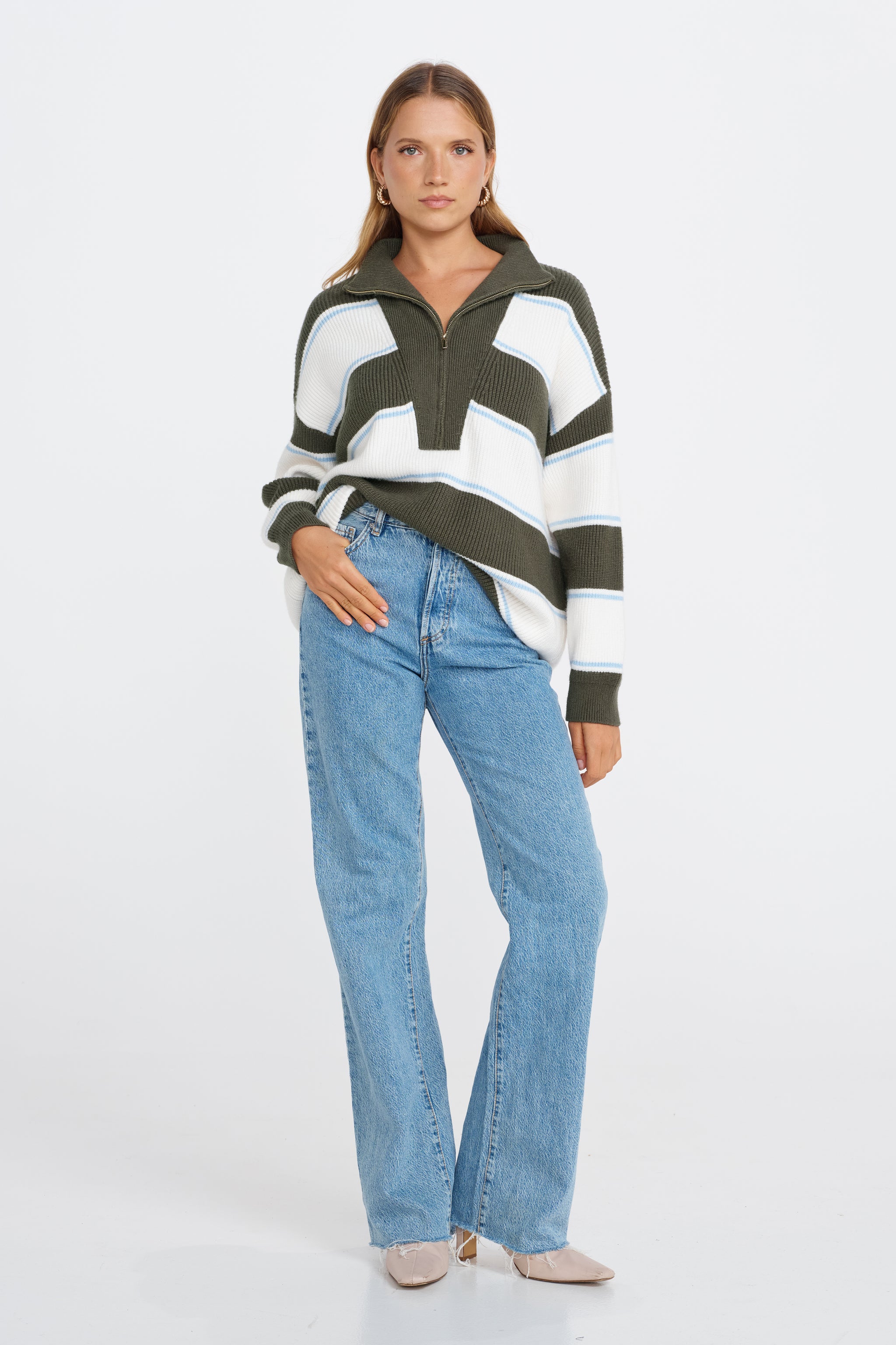 Beatrix Zip Knit Jumper - Green / White / Blue – Apero Label